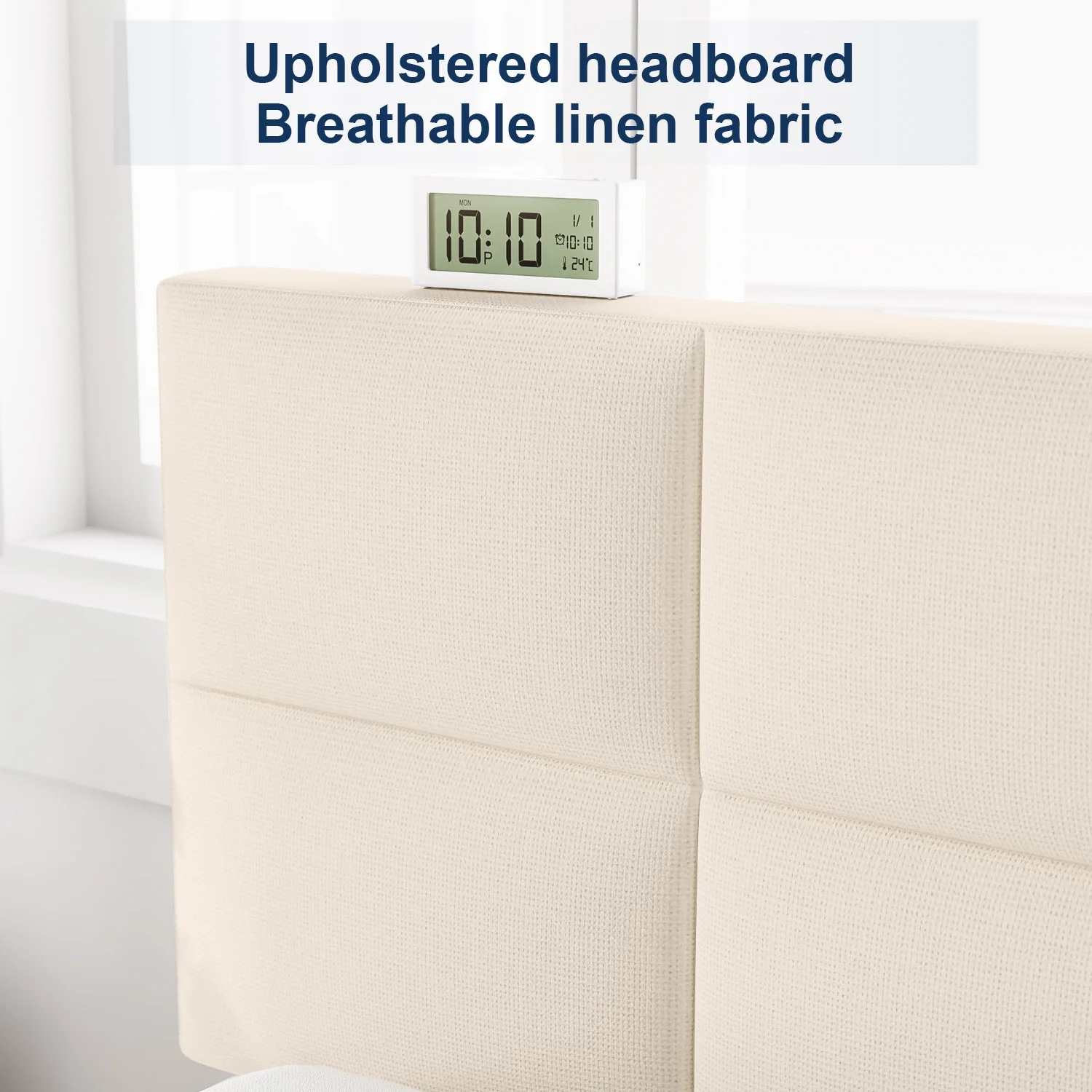 HAIIDE Queen Bed Frame, Queen Size Platform Bed With Fabric Upholstered Headboard,Beige, Easy Assembly