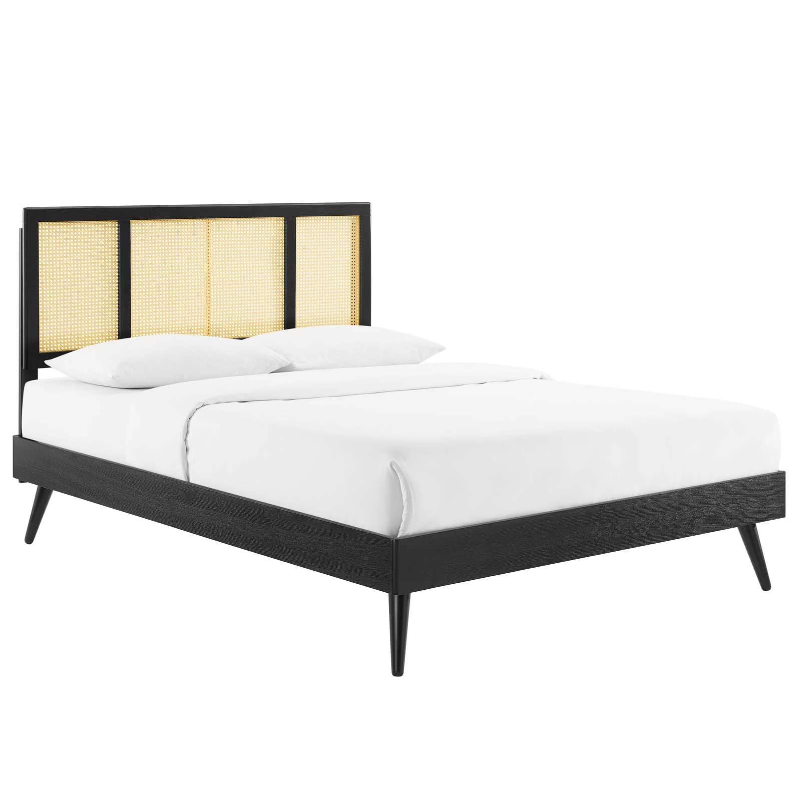Modway Kelsea Cane and Wood Full Platform Bed With Splayed Legs in Black