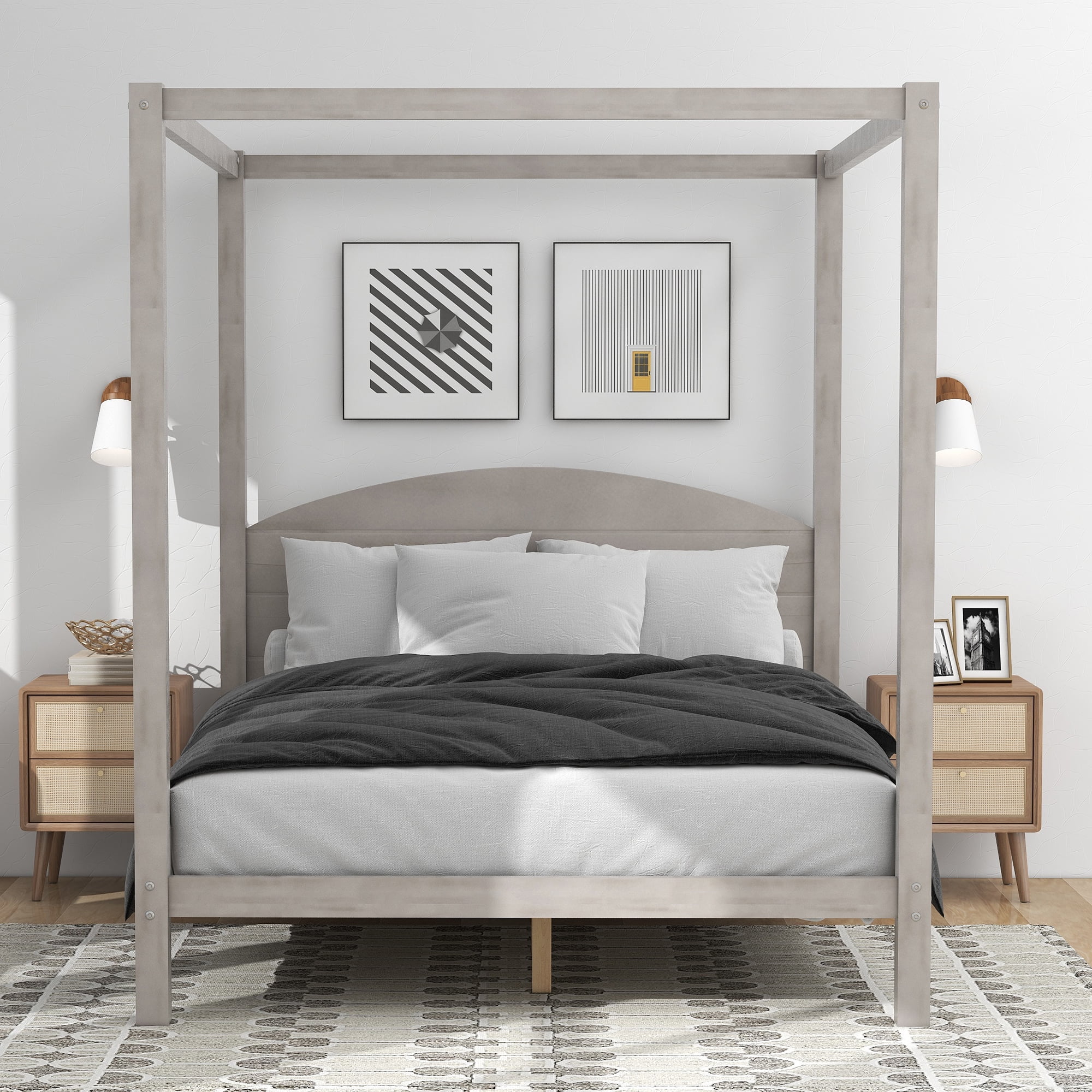 Anself Queen Size Canopy Platform Bed with Headboard and Support Legs,Grey Wash