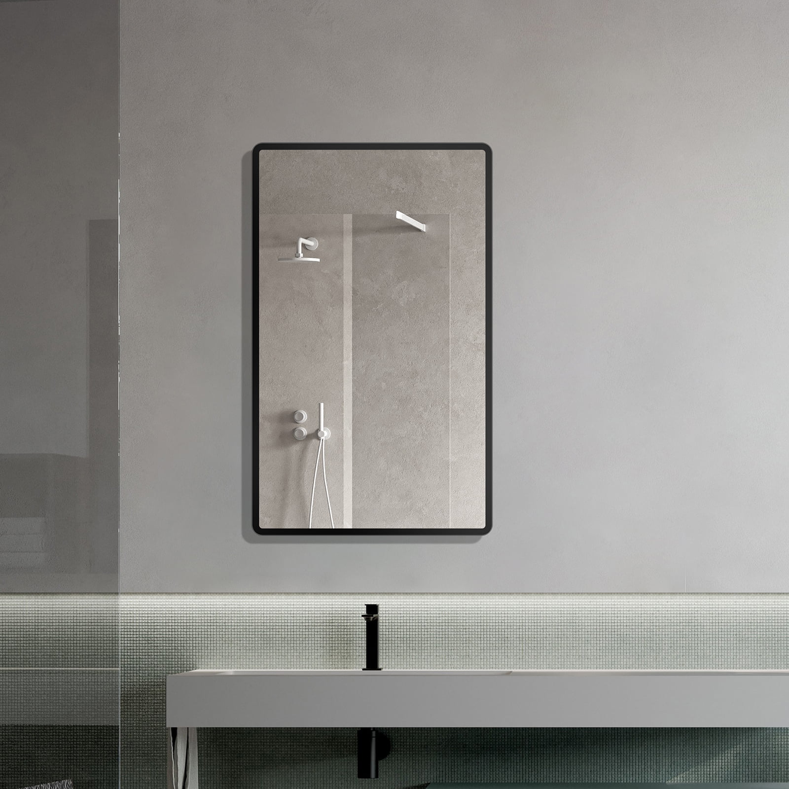 24 in. W x 32 in. H Wall Metal Framed Rounded Rectangle Bathroom Vanity Mirror Corner Hangs (Horizontal/Vertical) in Black