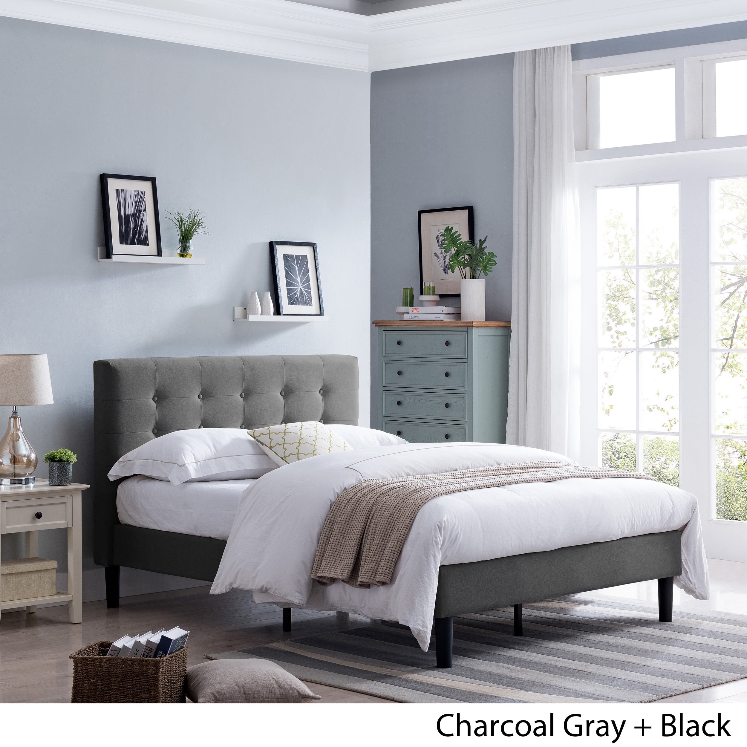 Noble House Charline Contemporary Fully-Upholstered Queen-Size Platform Bed Frame, Charcoal Gray