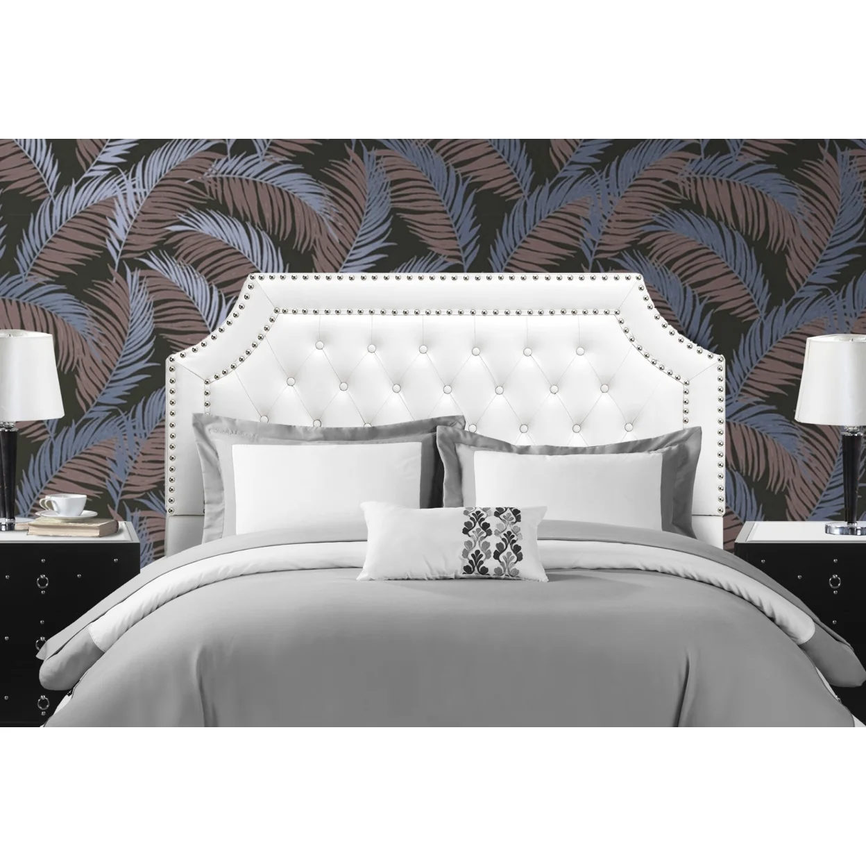 Chic Home Mahlon Headboard PU Leather Upholstered Button Tufted Double Row Silver Nailhead Trim