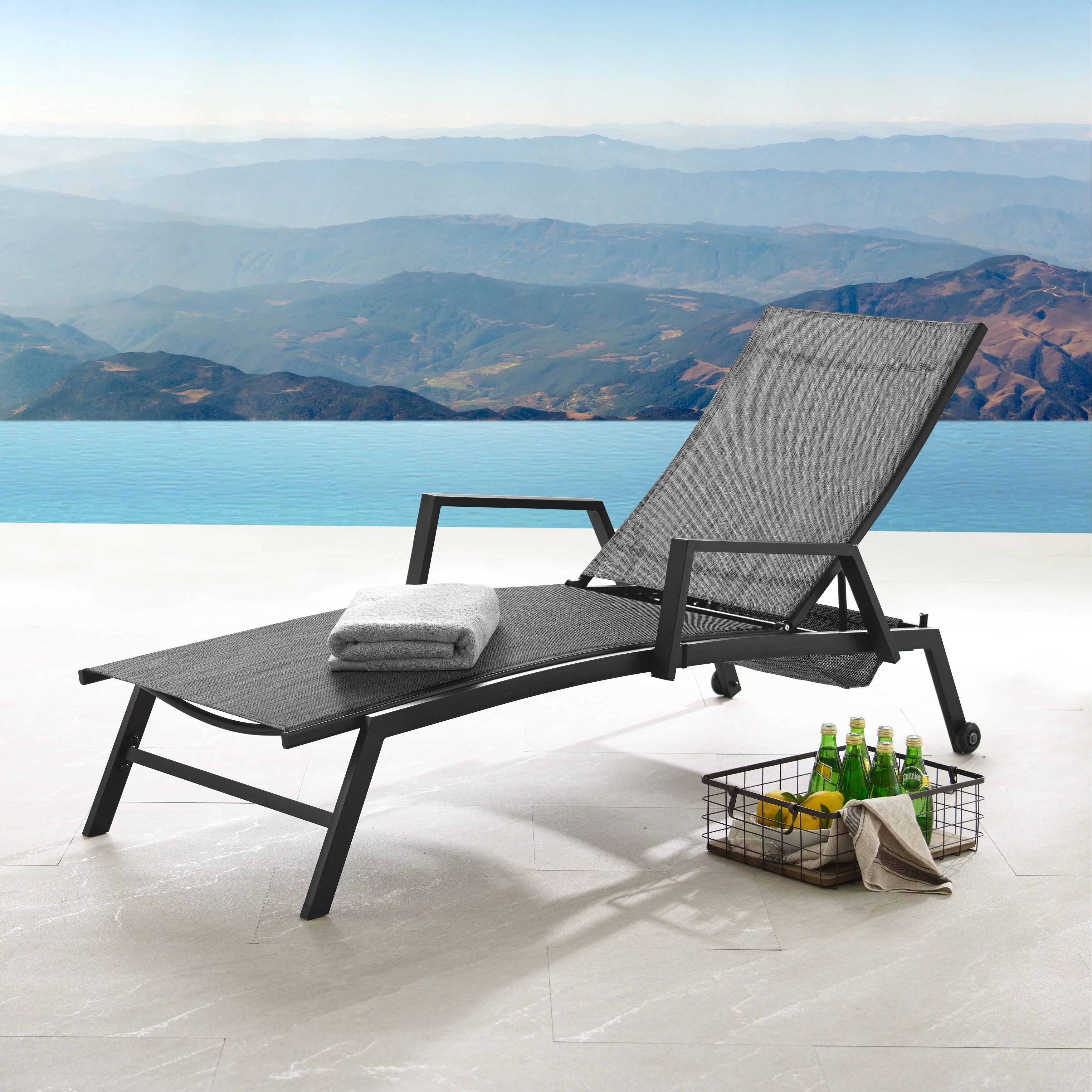 Corvus  Sorrento Outdoor Sling Fabric Adjustable Chaise Lounge with Arms Grey Stripe with Black Frame - 2 Lounges