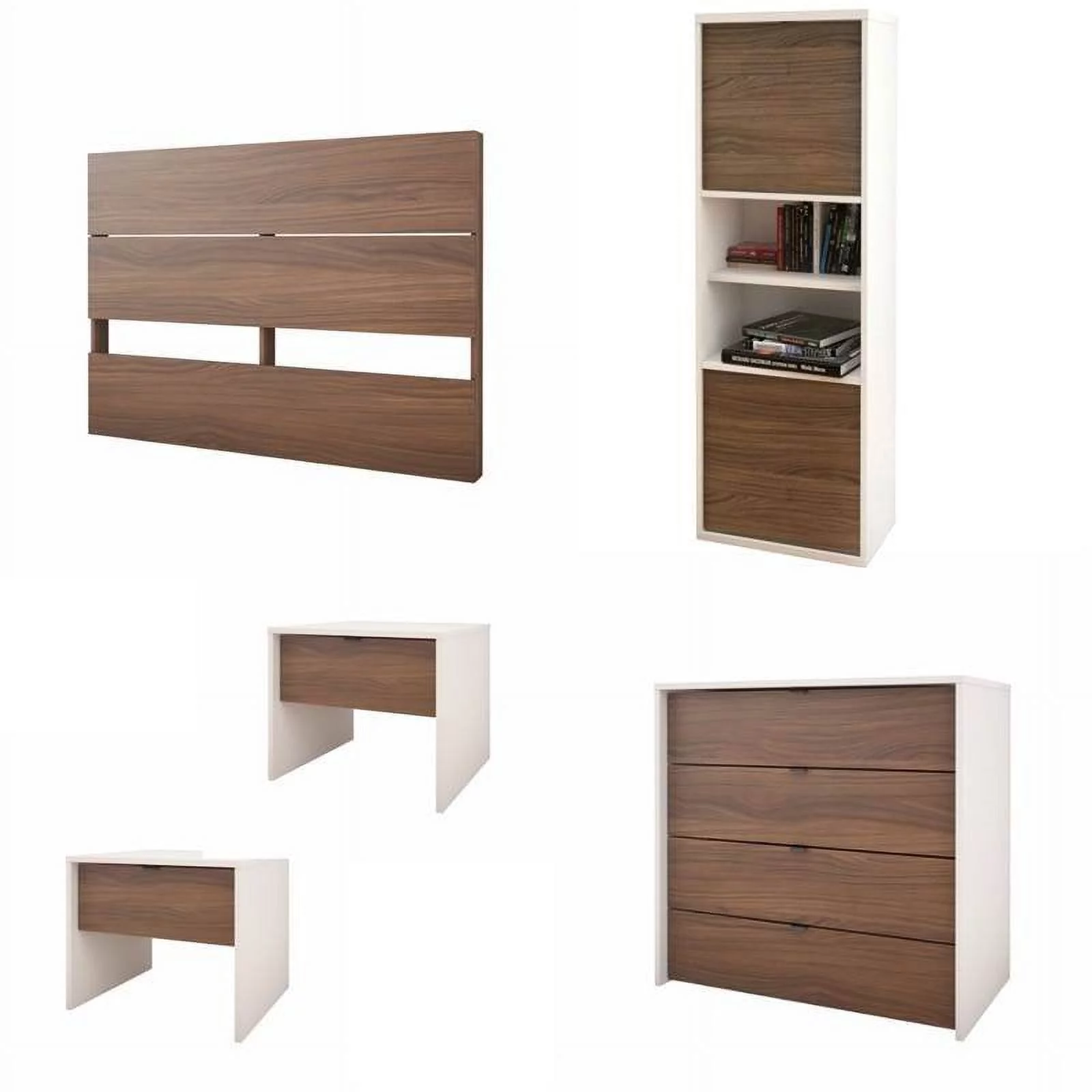 5 Piece Bedroom Set with Headboard and Set of 2 Night Stand with Storage in White and Walnut