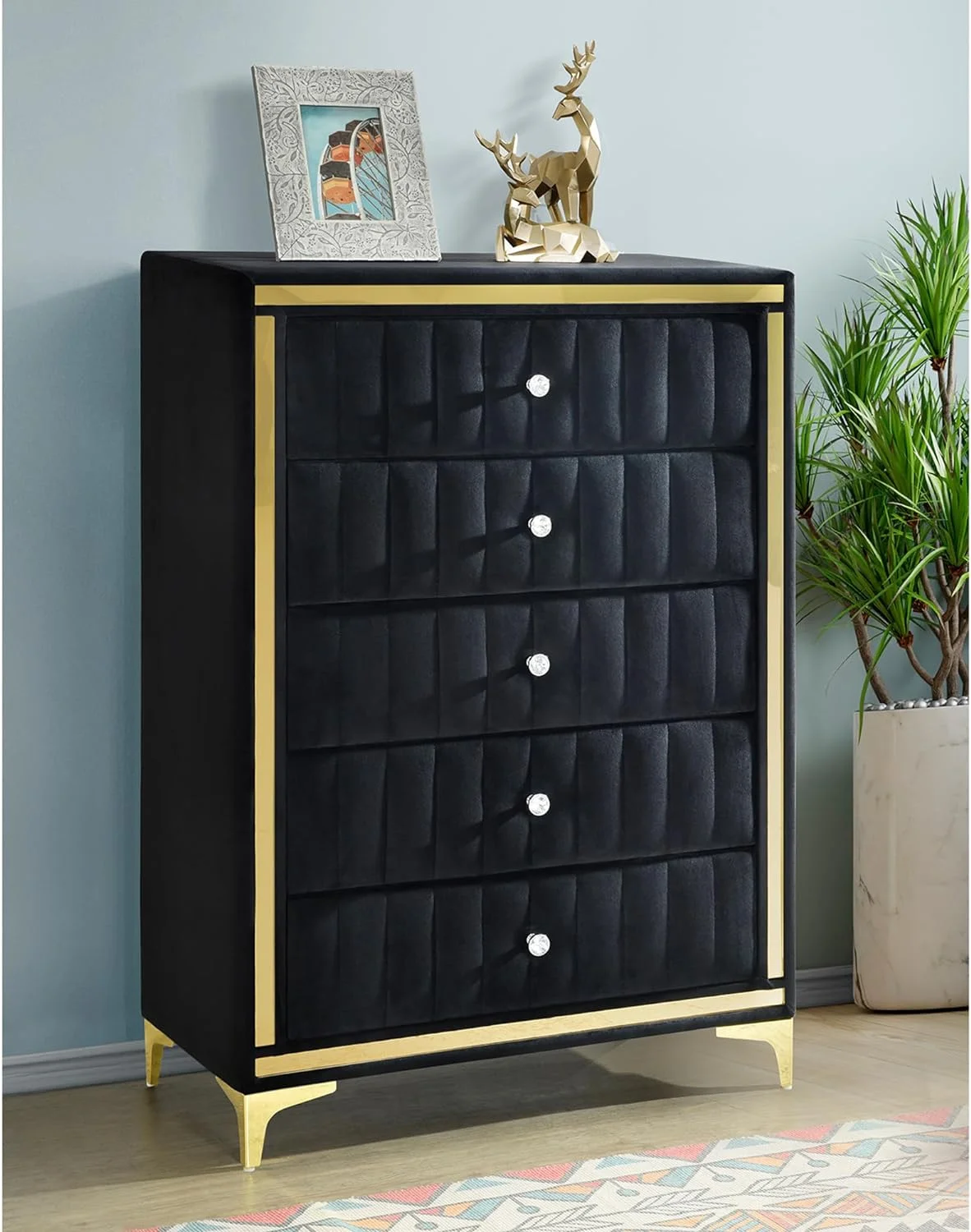 Monique Velvet Upholstered 5-Drawer Chest In Black