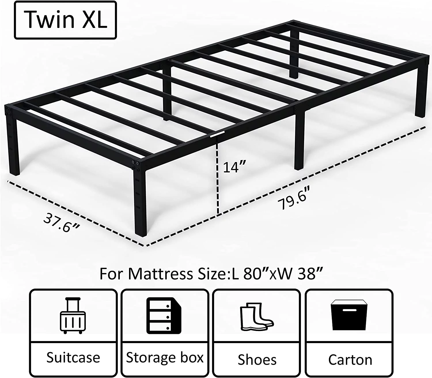 EMODA 14 Inch Twin  No Box Spring Needed  Heavy Duty Metal Twin Platform Bed Frame  Noise Free  Easy Assembly  Black