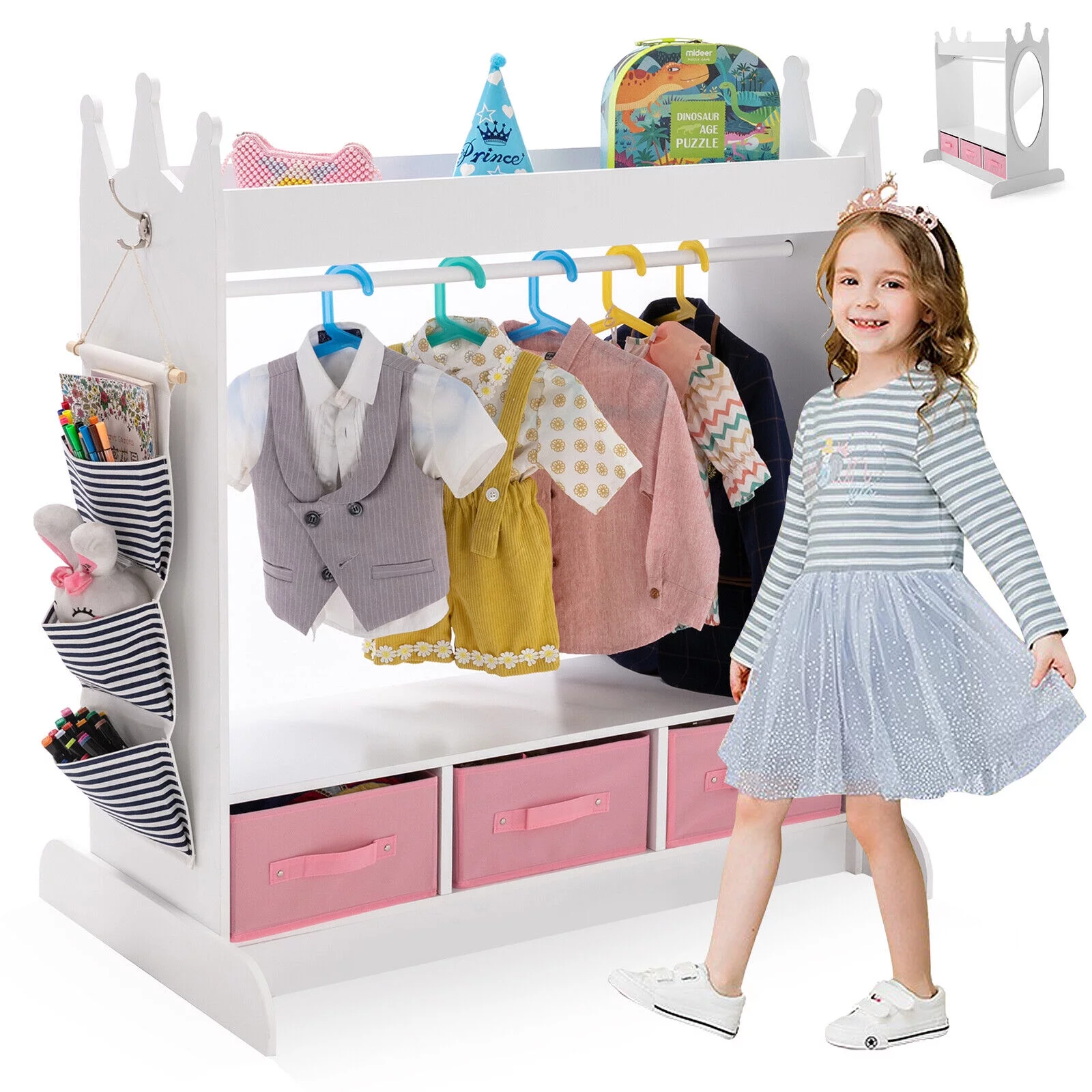 JOYLDIAS Kids Armoire Pretend Dress-Up Storage Openning Hanging Closet Wardrobe Girls Bedroom Furniture with Mirror, 3 Drawers, Side Pocket(White)