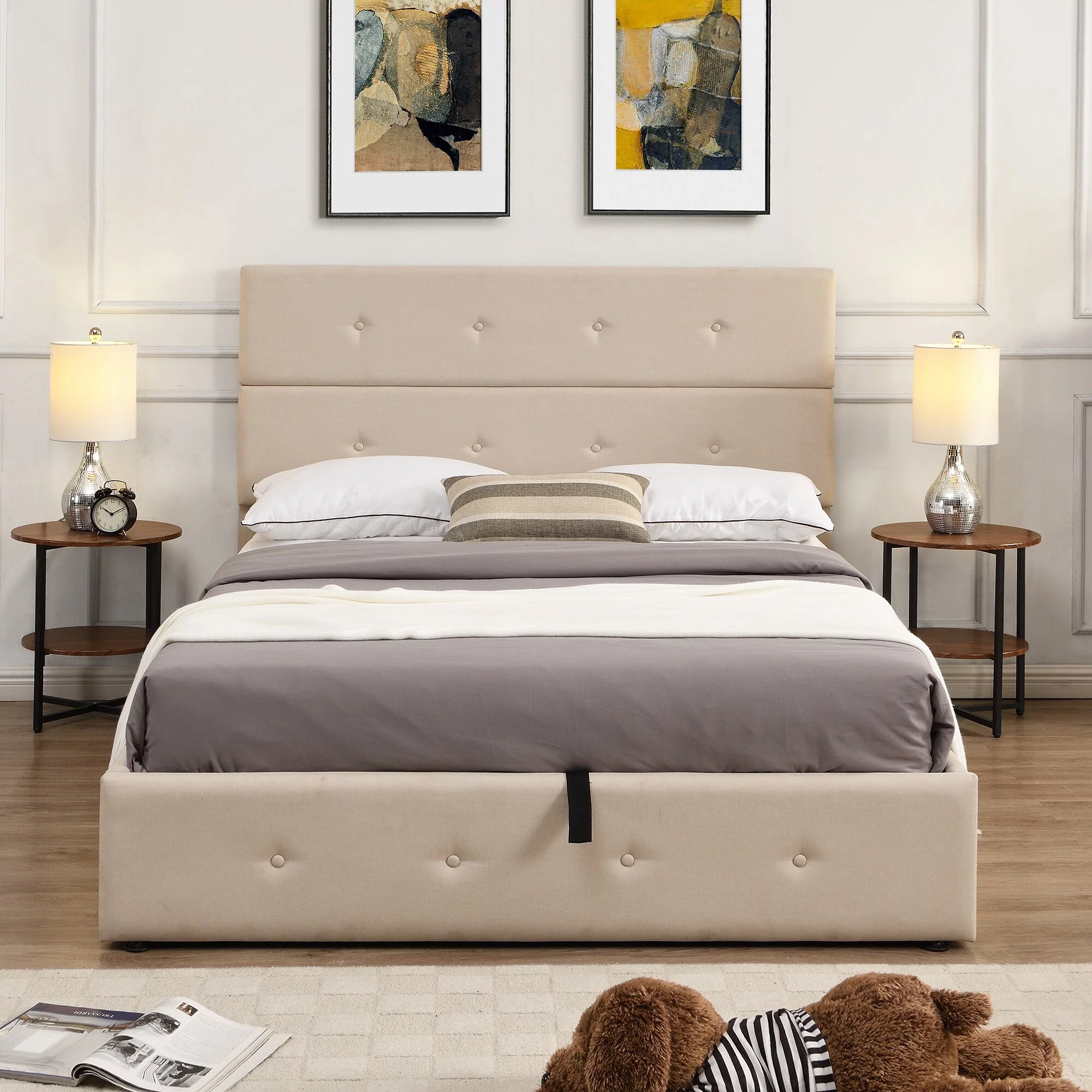 Nestfair  Upholstered Platform Bed with Underneath Storage Beige Full