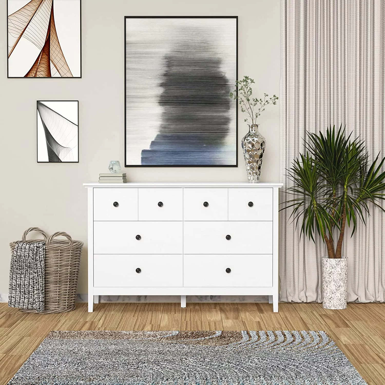 Popular for Bedroom Modern White Dresser with Deep Drawers 6 Drawer Double Dresser with Black Knobs and Solid Wood Legs