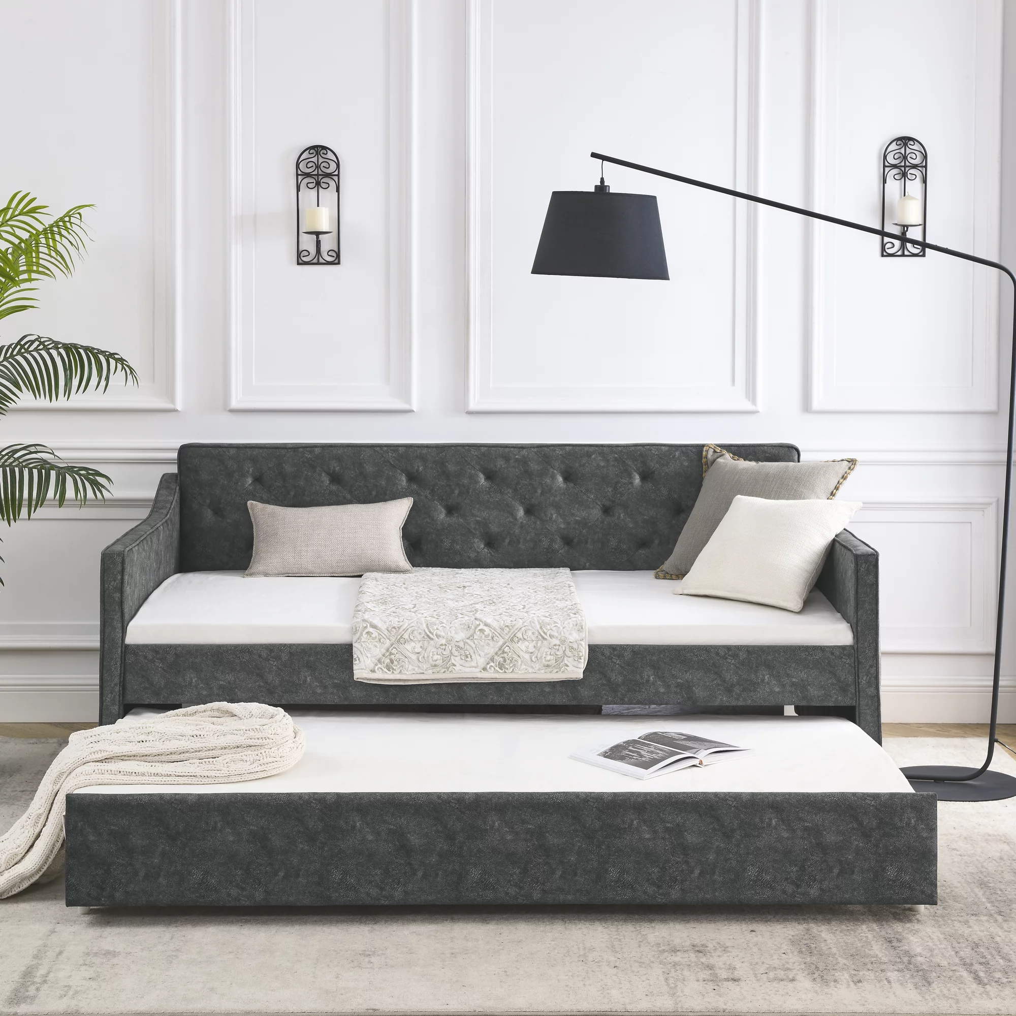Aukfa Twin Daybed with Trundle, Upholstered Daybed with Tufted Back - Gray