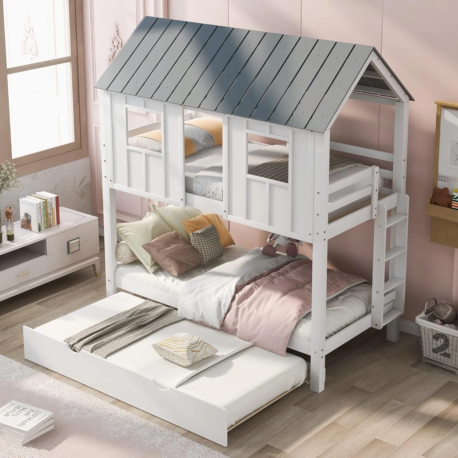 House Bunk Bed Wih rundle For Bedroom, Wood Over Bunk Beds Wih Roof And Windows For Kids,No Box Spring Needed, Whie