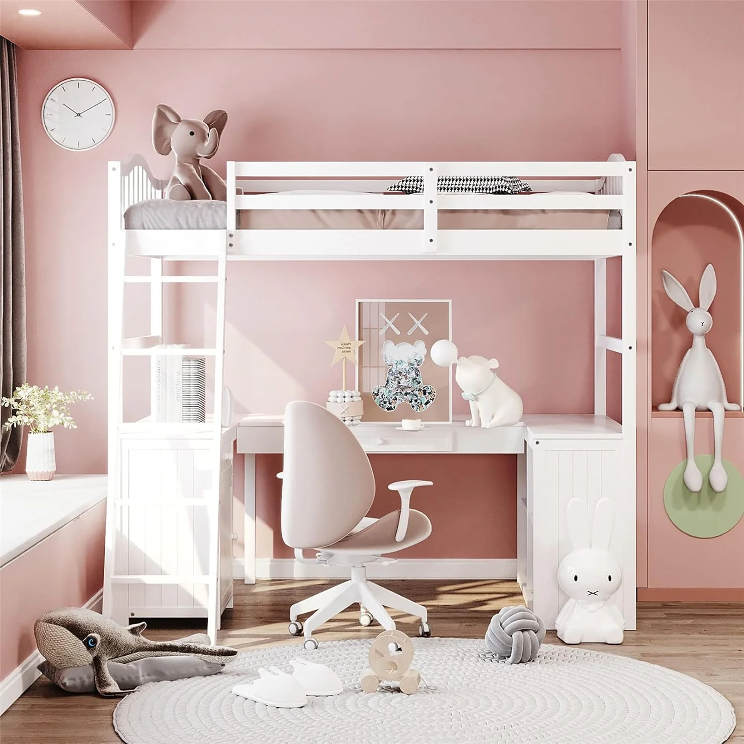 Loft Bed With Desk, With Drawer And Cabinet, Wood For Kids With Bookcase Shelves For Dorm, Boys & Girls Teens Adults, White