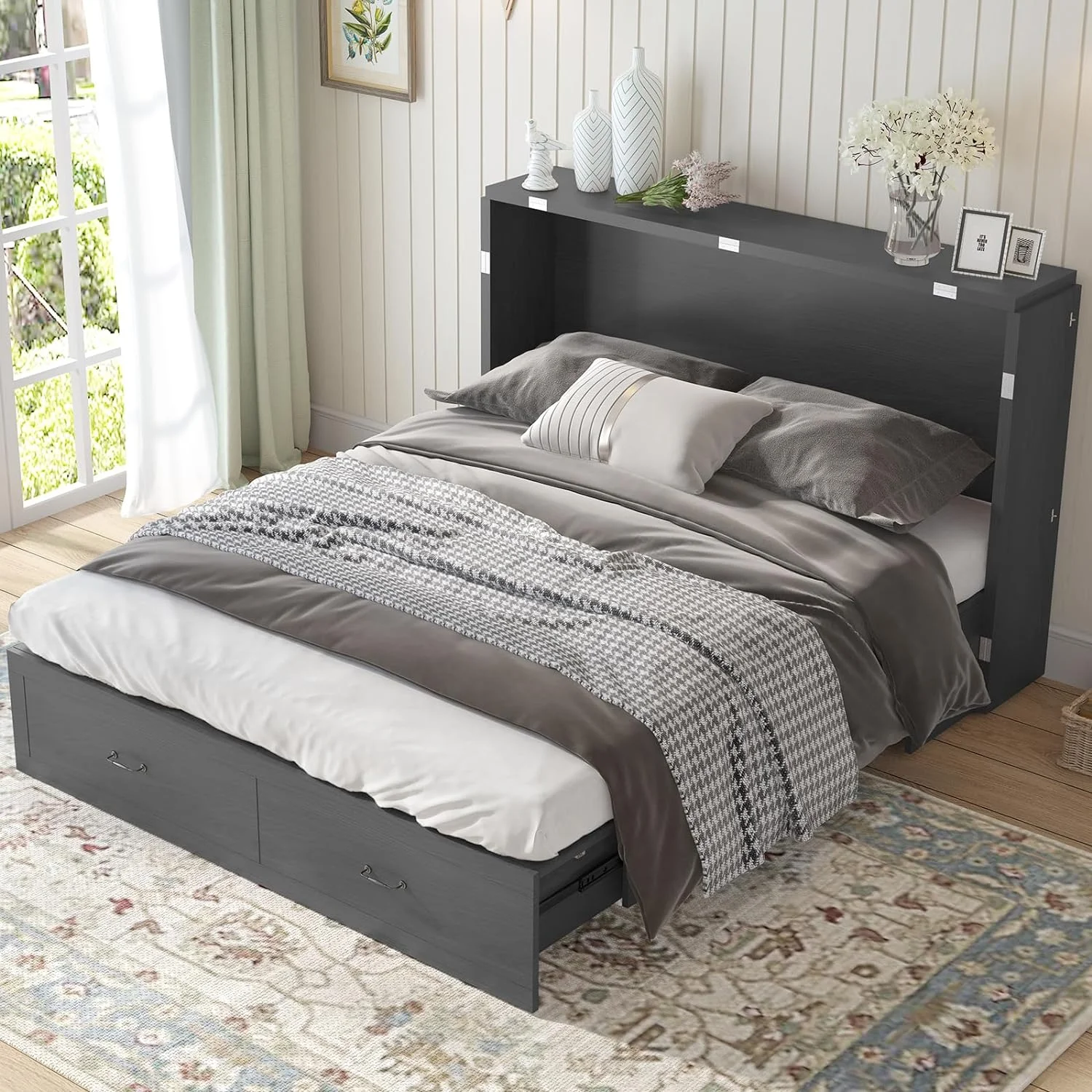 MUZZ Queen Size Murphy Cabinet Bed, Solid Pine Wall-Bed with 3 Charging Stations, 2 Storage Drawers and Comfy Foldable Mattress for Bedroom/Office and Small Spaces (Slate Gray)