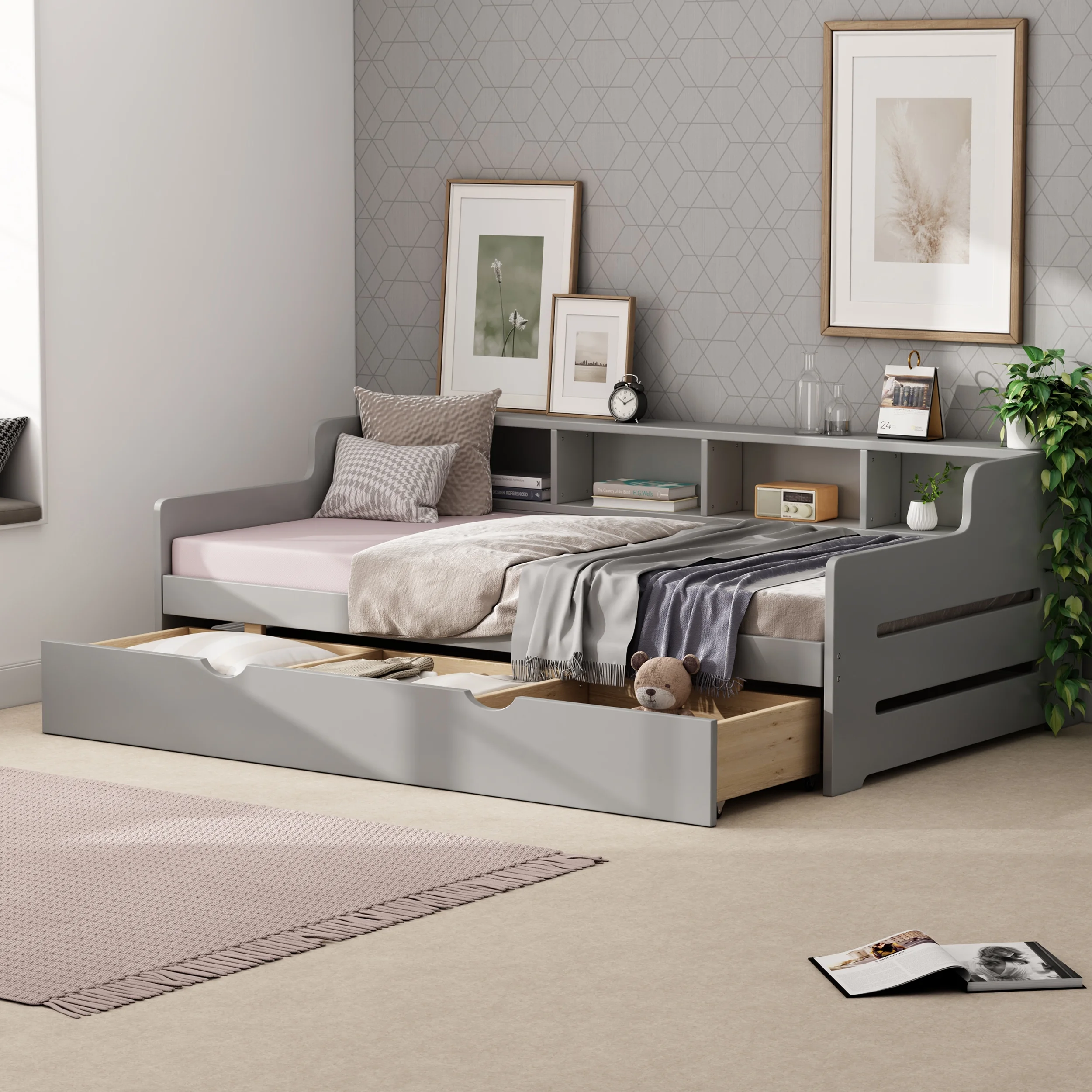 CoSoTower Twin Size Wooden Day Bed with 3 Trawers for Guest Room, Small Bedroom, Study Room, Gray