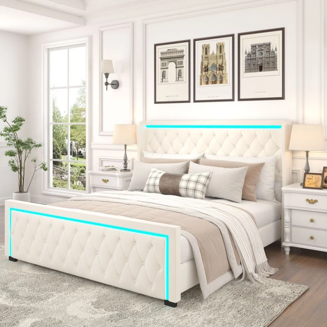 Queen Velvet Upholstered Bed With Tufted Buttons and LED Light Decorative Headboard Beige