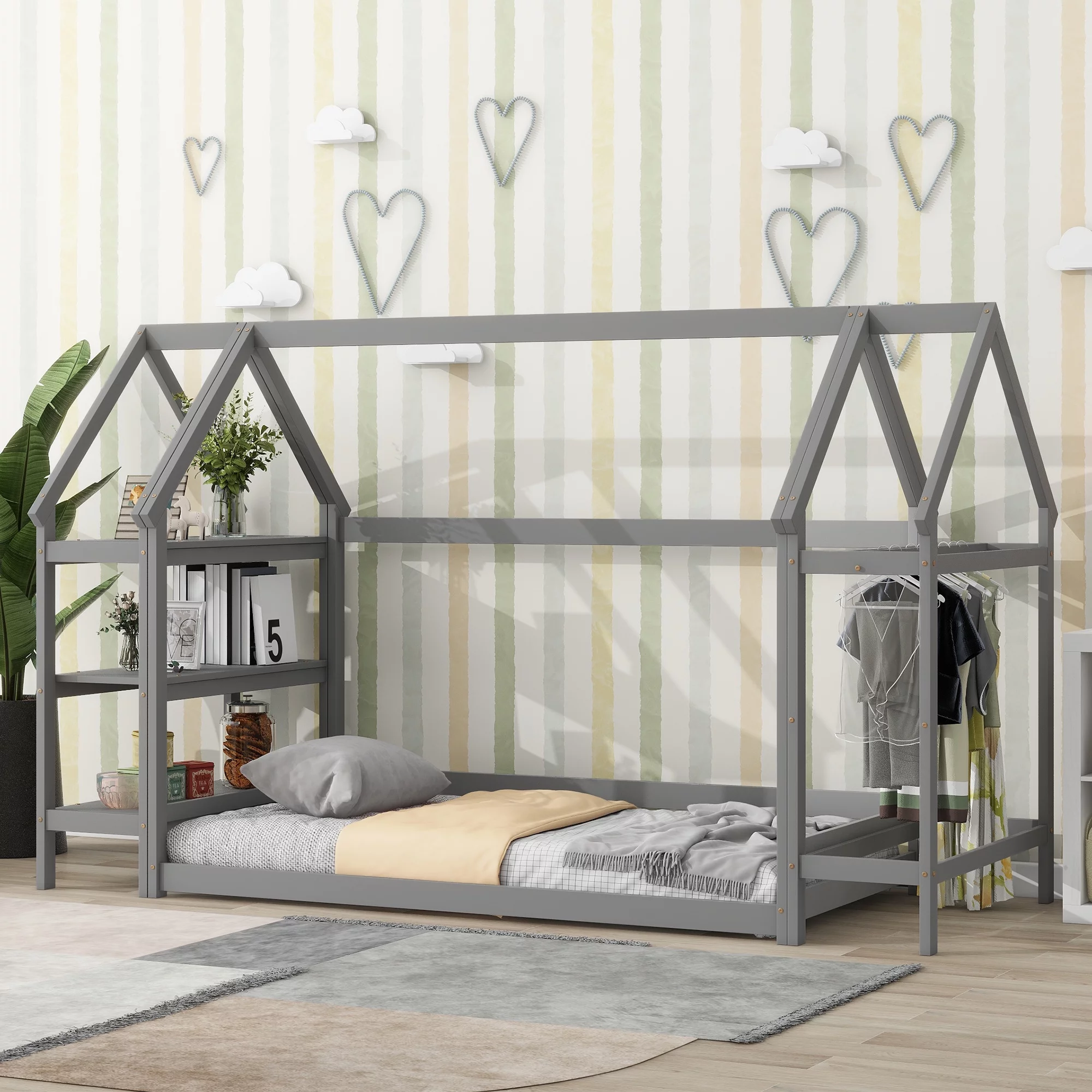 Euroco Wood Twin House-Shaped Floor Bed with Moveable Shelf and Wardrobe for Kids, Gray