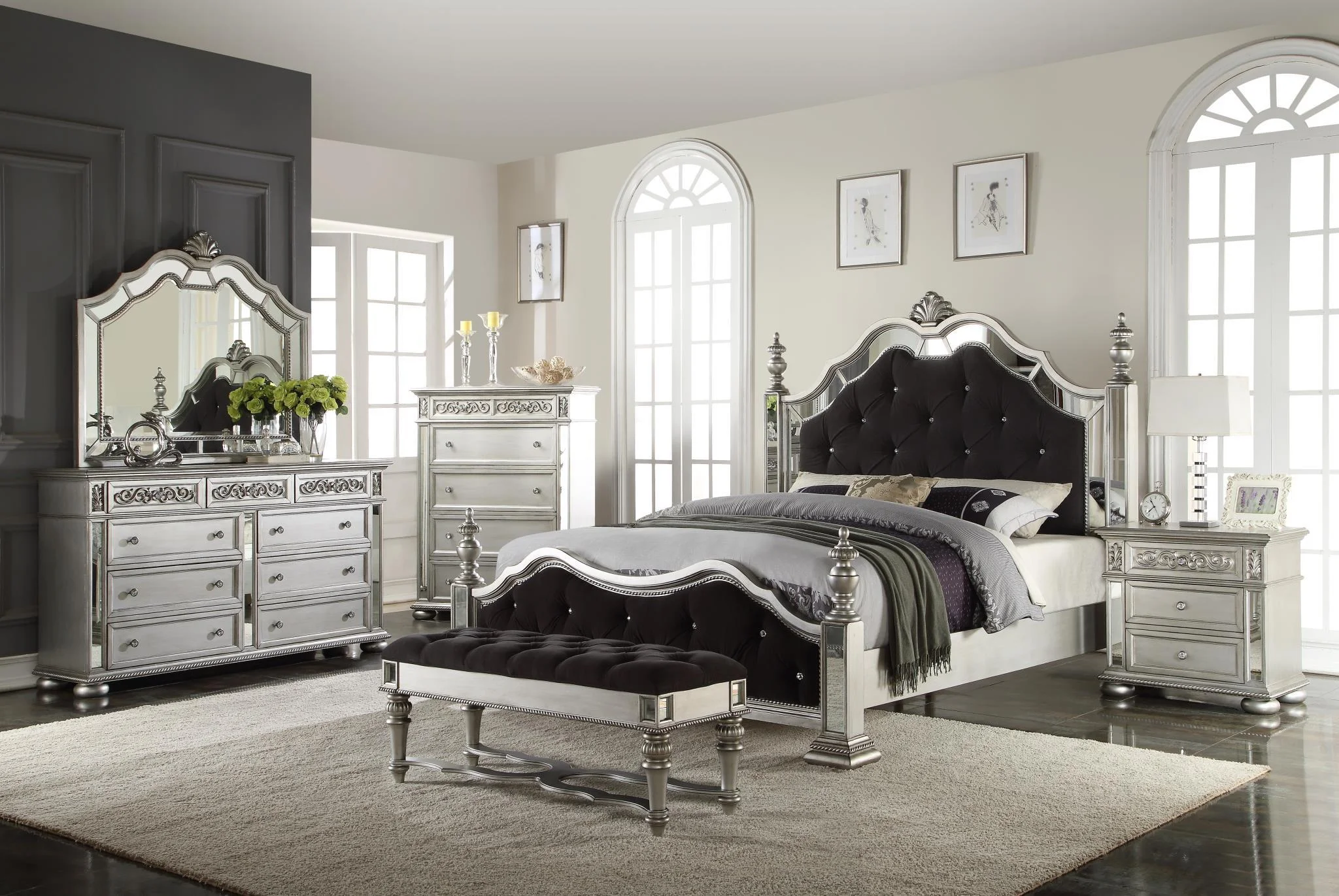 Glam Black Silver & Mirror Queen Poster Bed McFerran B1722 Modern Contemporary
