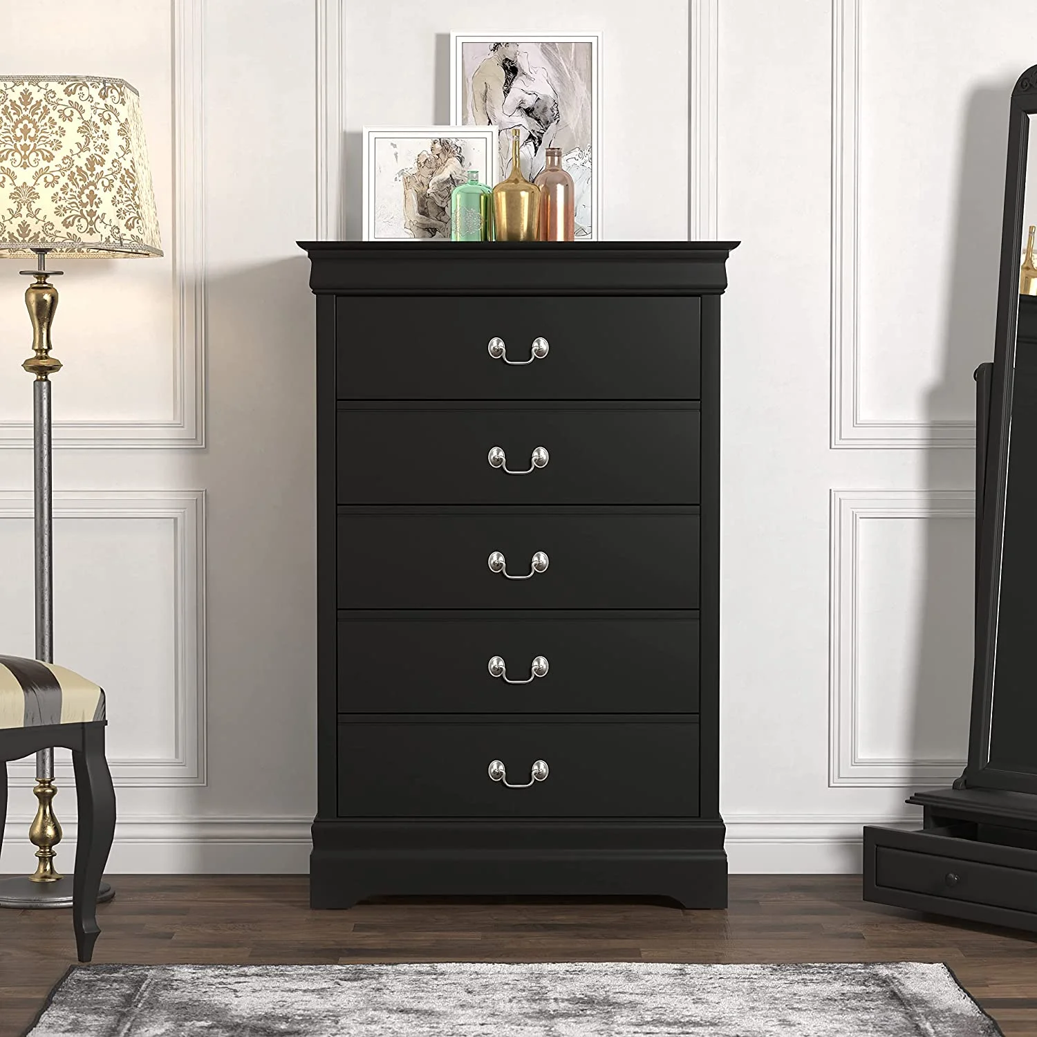 KHBIULIFE Ireton 5 Drawer Dresser Dressers Chest of Drawers Dresser for Bedroom Bedroom Tall Dresser Wood Dresser Ultra Fast Assembly Engineered Wood Black