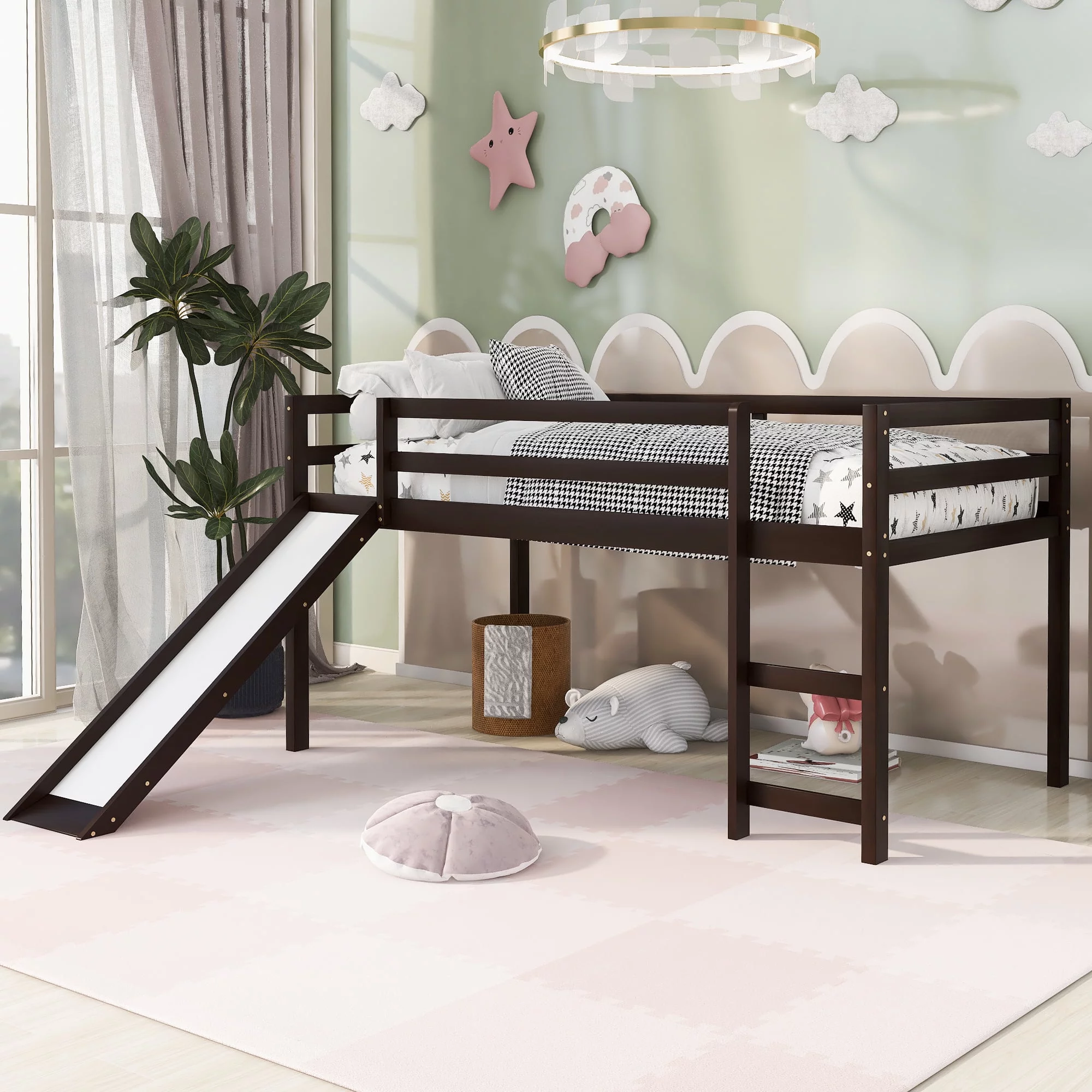 ikayaa Mattress not included,Loft Bed with Slide, Multifunctional Design, Twin (Espresso), Overall Product Dimension: 78.2