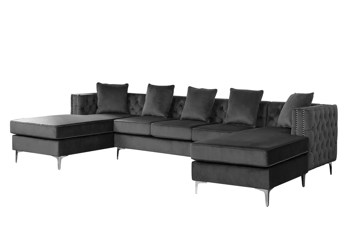 Lilola Home Ryan Velvet Double Chaise Sectional Sofa with Nail-Head Trim-Color:Dark Grey