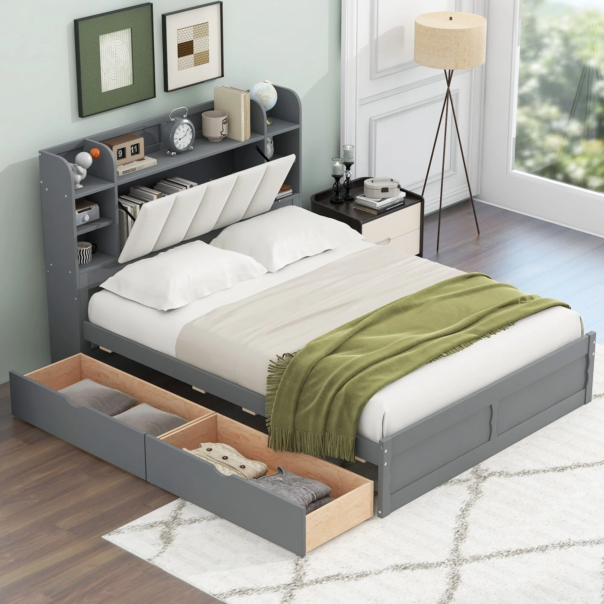 Queen Size Solid Wood Bed Frame with Storage Headboard, Shelves and 2 Drawers, Platform Bed Frame, Mid Century Bedframe, Wood Foundation(Gray, Queen)