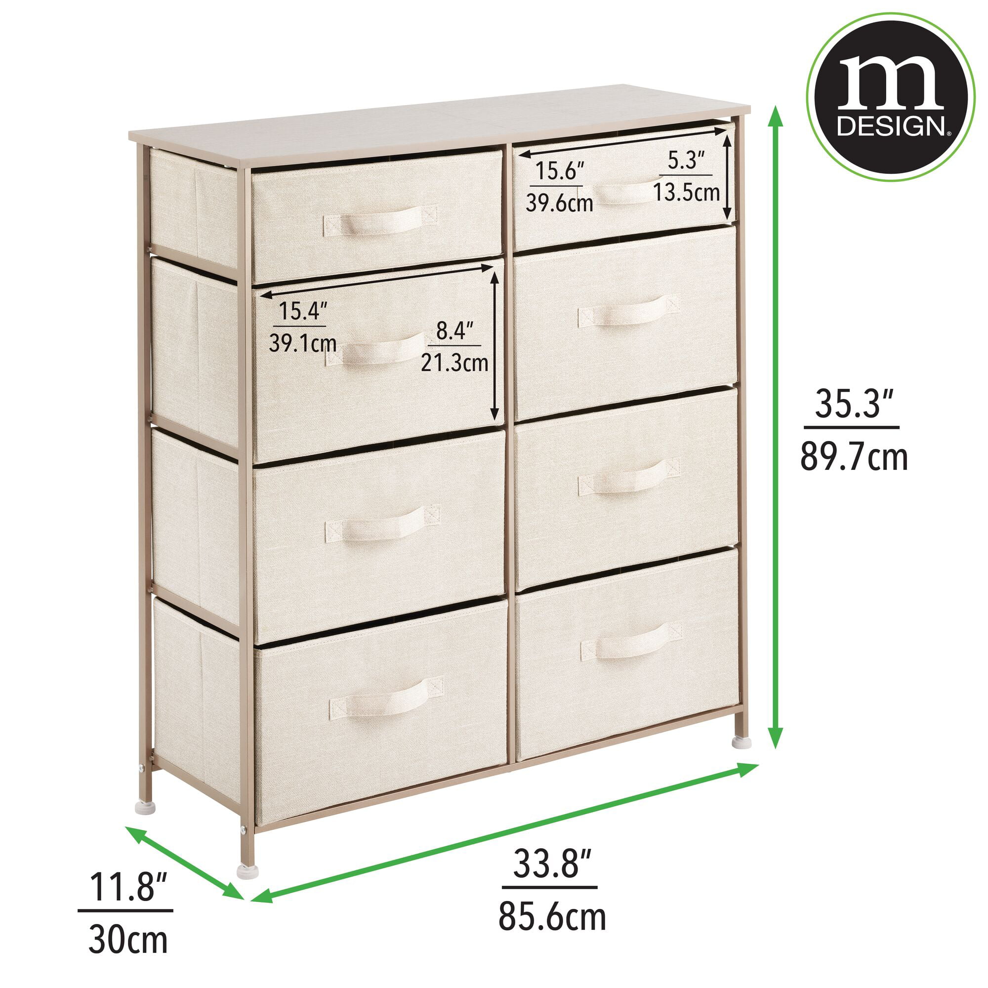 mDesign Tall Storage Dresser Furniture with 8 Slim Fabric Drawers, Cream/Gold