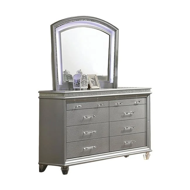 64 in. Sam Wide Dresser 6 Drawer Chest with Acrylic Legs, Silver & Clear