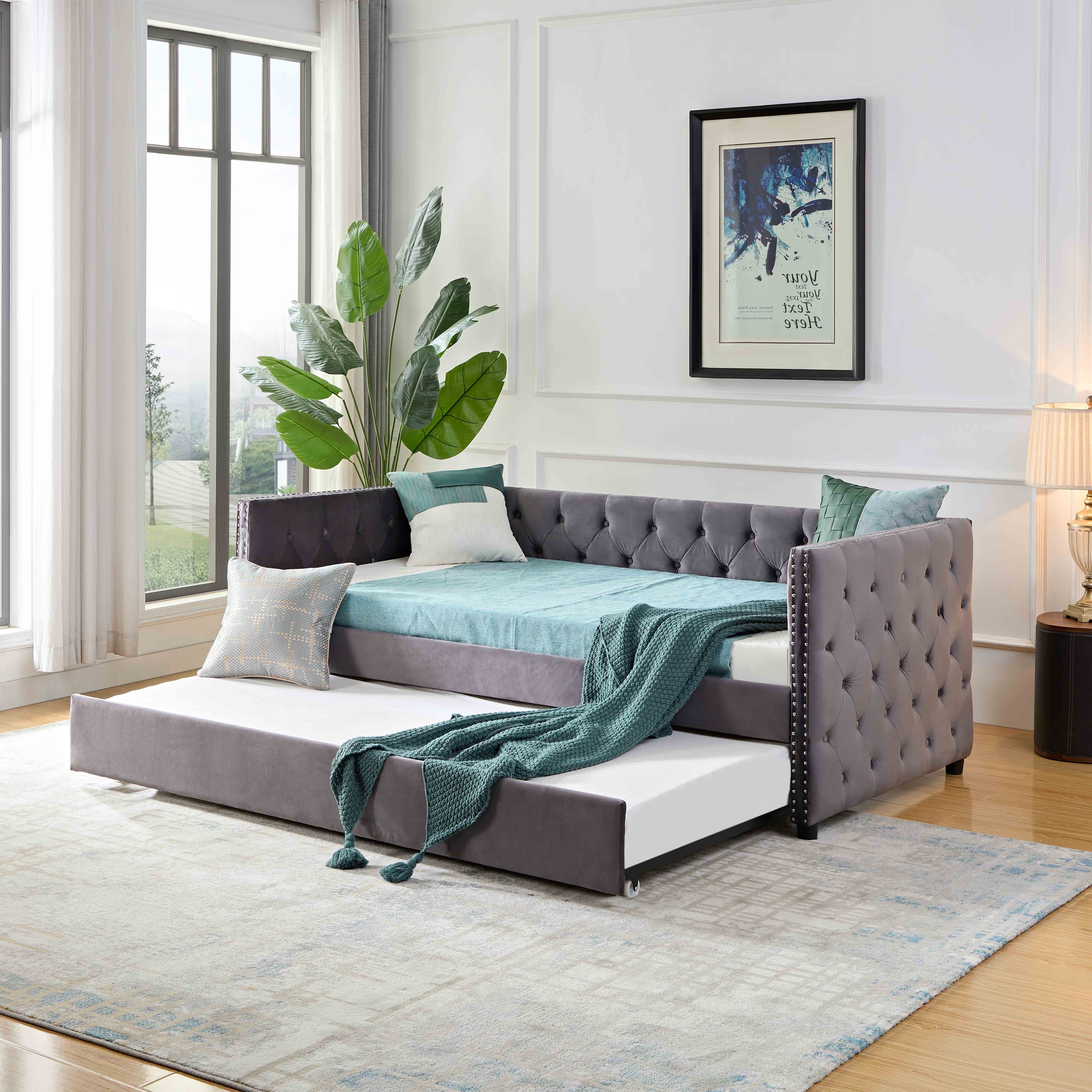 Daybed with Trundle Sofa Bed, upgraded velvet upholstered sofa bed, with Button and copper nail on square arms,bedroom living room furniture (Grey,Twin,83.47