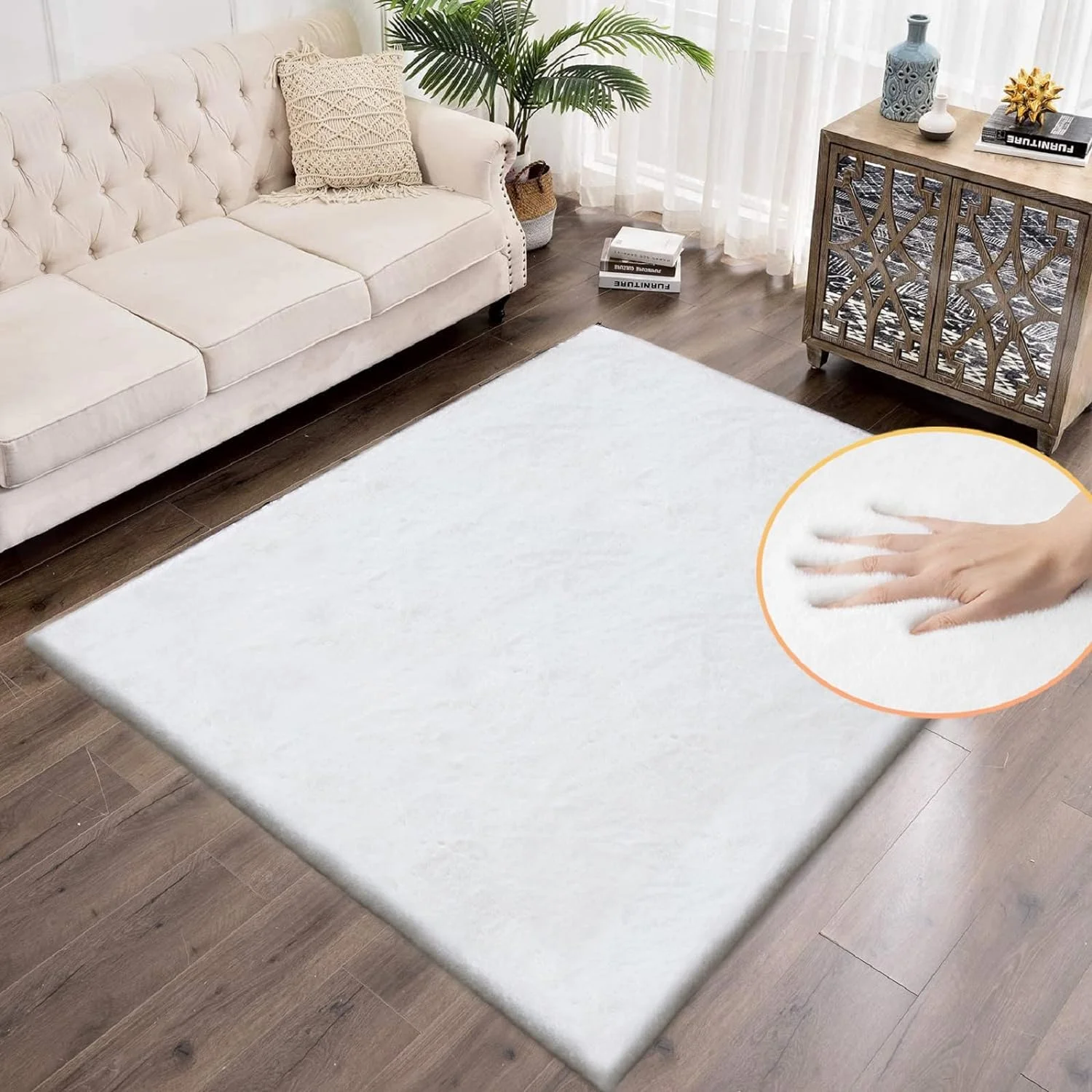 ORINOVA White Faux Fur Rug 5x8 Rugs For Living Room Shag Washable Area Rug Fuzzy Rugs For Bedroom Girl Room Decor Rectangle Rug