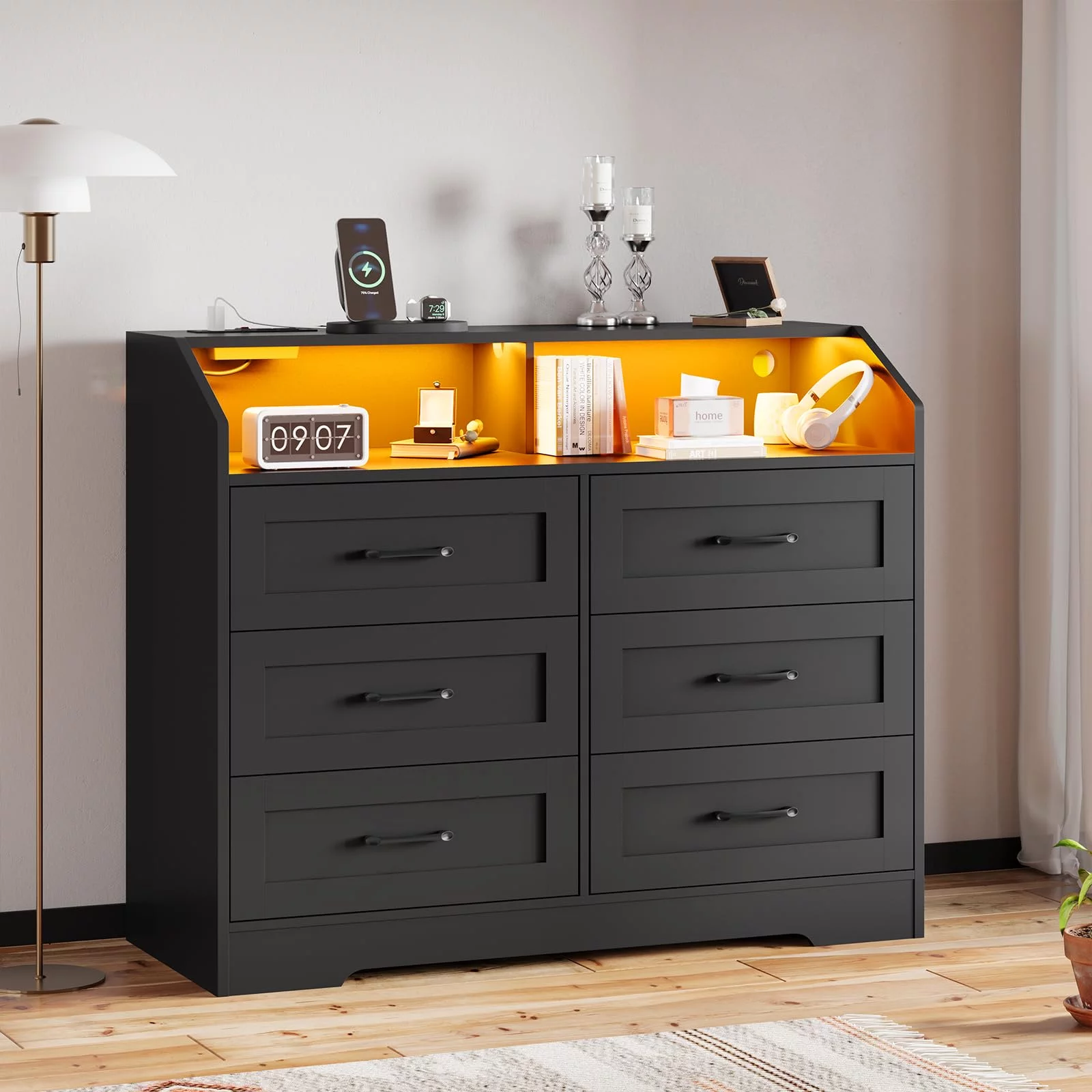 6 Drawer Dresser with LED Lights and Charging Station, Chest of 6 Drawers with Open Space,Large Capacity Storage Cabinet Black Dresser for Bedroom