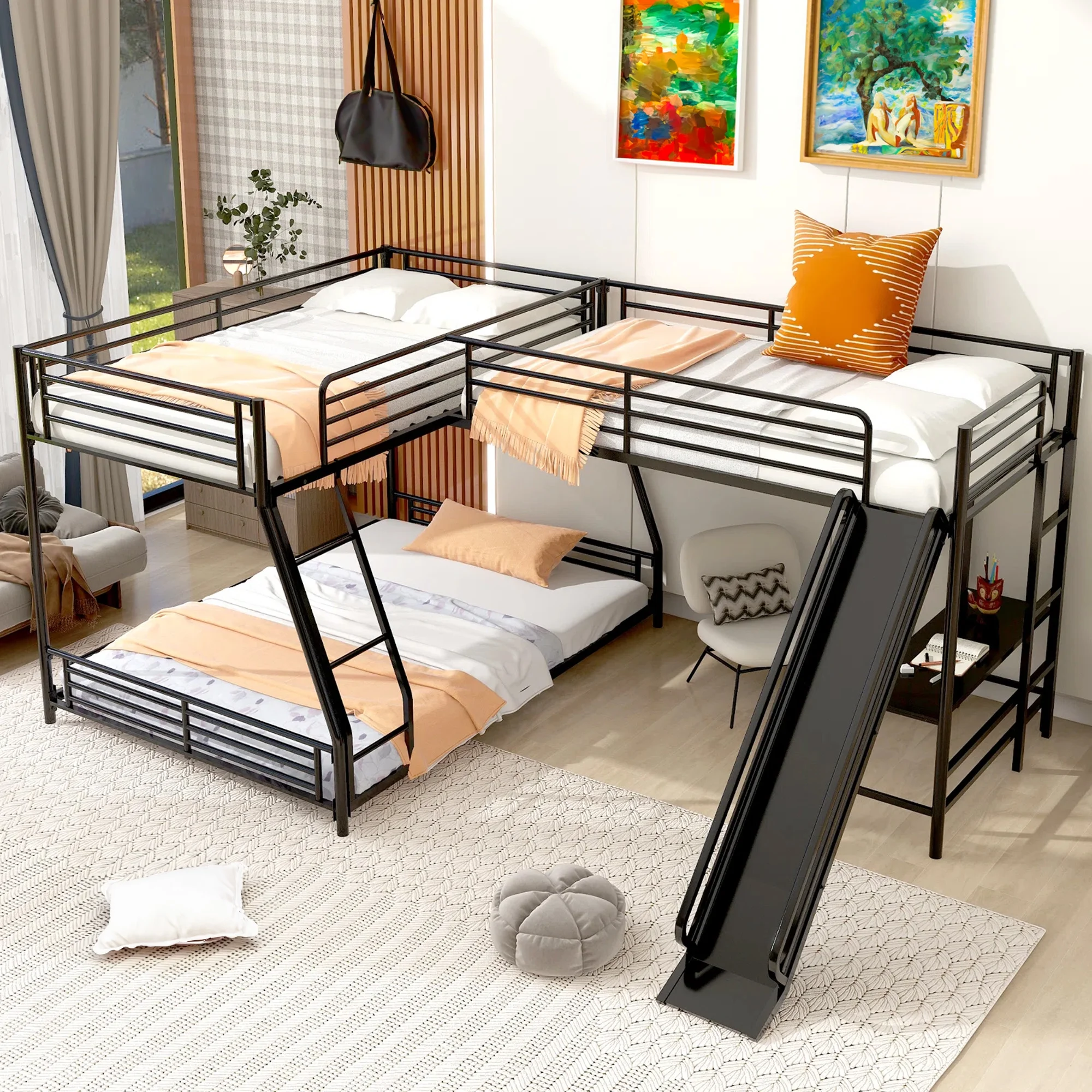 Aukfa Triple Bunk Bed with Desk and Slide, L-Shaped Metal Low Bunk Bed with a Twin Loft Bed for 3 Kids, Twin Over Full - Black