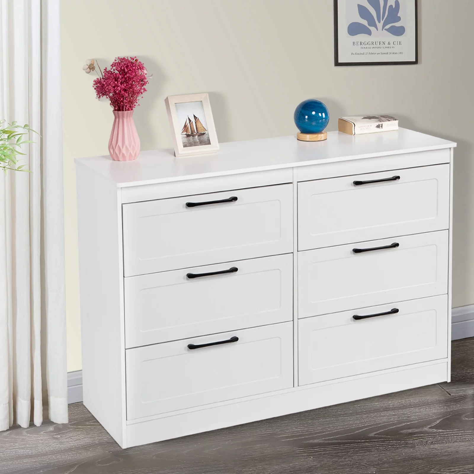 Yamissi 6 Drawer Double Dresser, Modern Chest of Drawers for Bedroom Living Room, Wooden Storage Cabinet with Metal Pull Handles, White