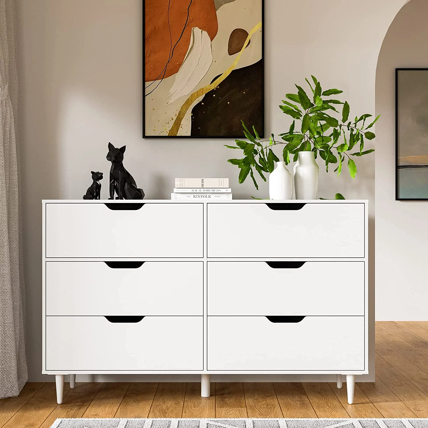 YOJFOTOOU. 6 Drawer Dresser, Modern Dresser, White Dresser with Cutout Handle, Wide Dresser Drawer Organizers for Bedroom, White