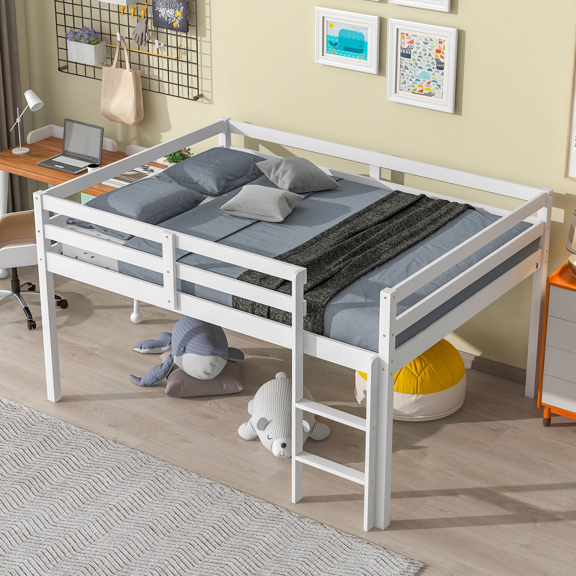 Wood frame bed, Ladder bed ,Full Loft Bed,White