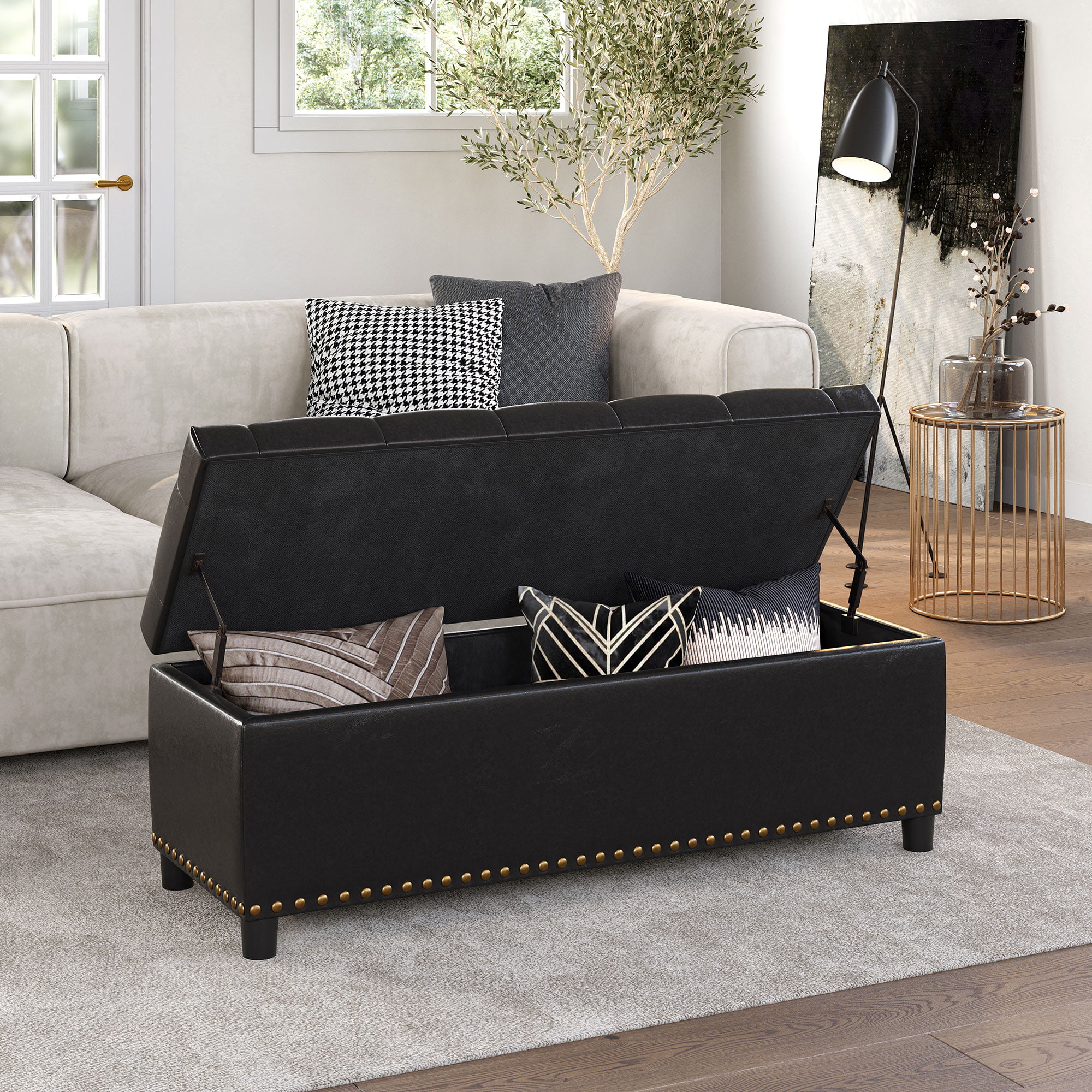 BELLEZE Button-Tufted Storage Ottoman Bench - Brentwood (Dark Brown)
