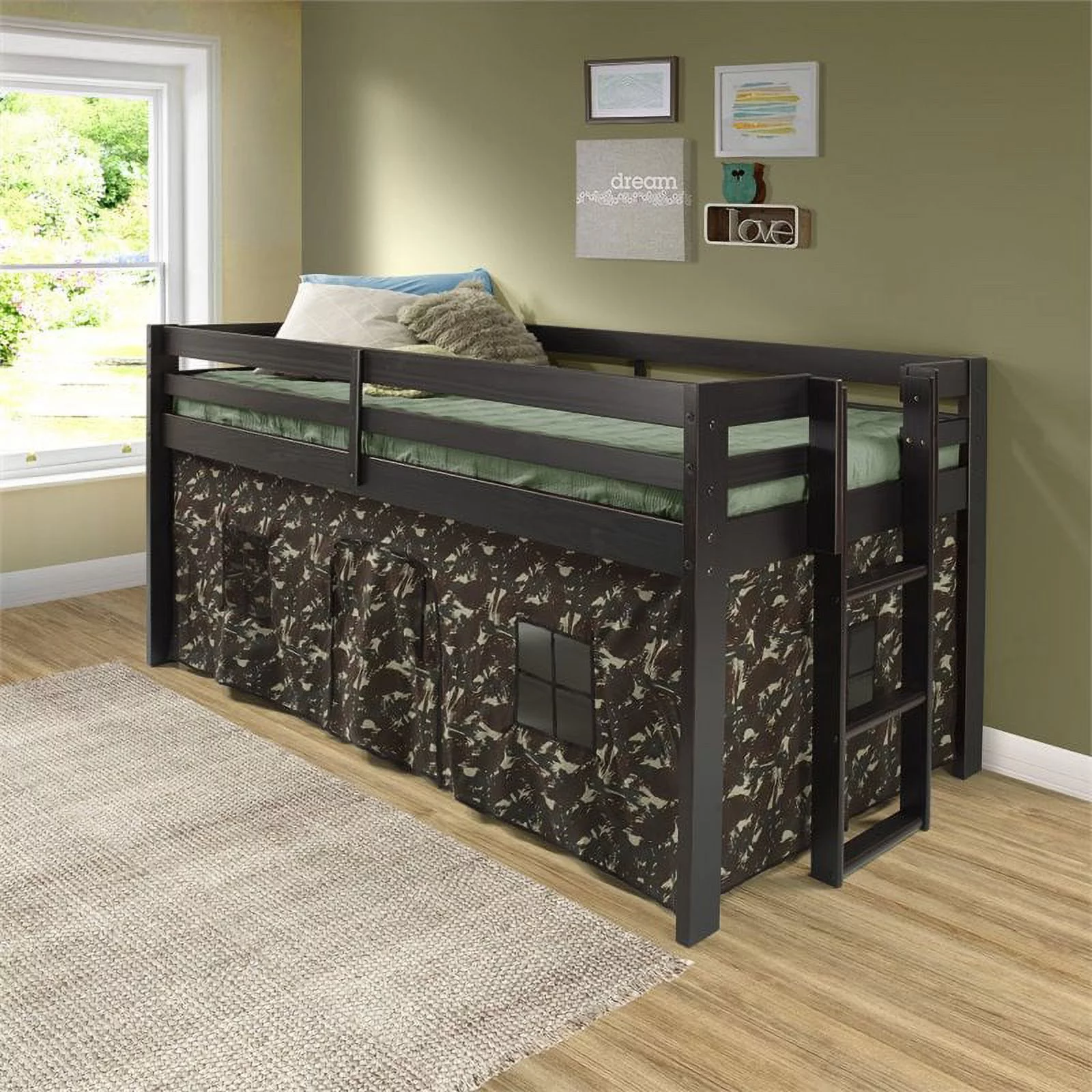 Roseberry Kids Wood Twin Junior Loft Bed/Playhouse Tent in Espresso