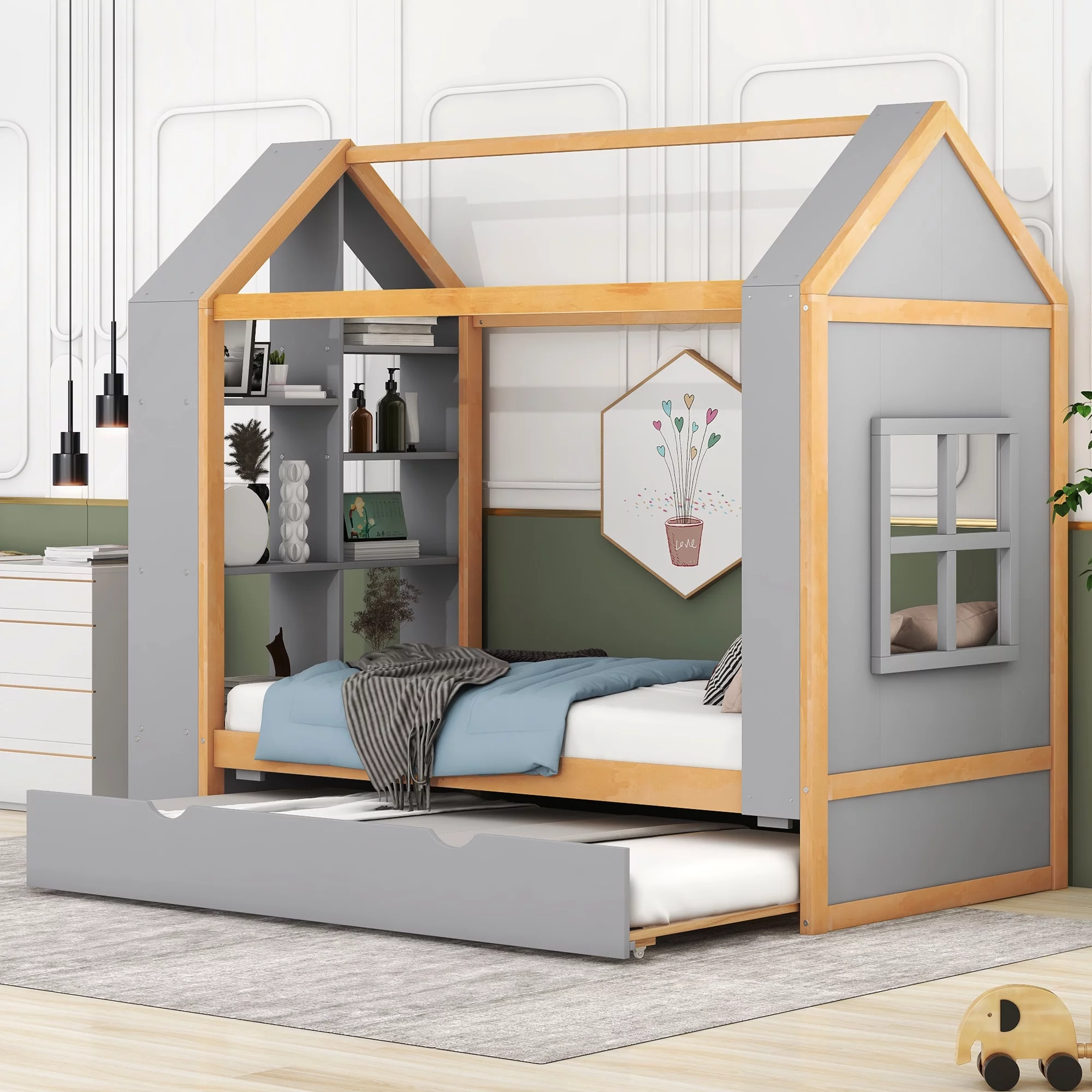 Churanty Twin Size House Platform Bed with Storage Shelves and Trundle, Wood Platform Bed Frame with Roof and Window for Kids Boys Girls,Grey