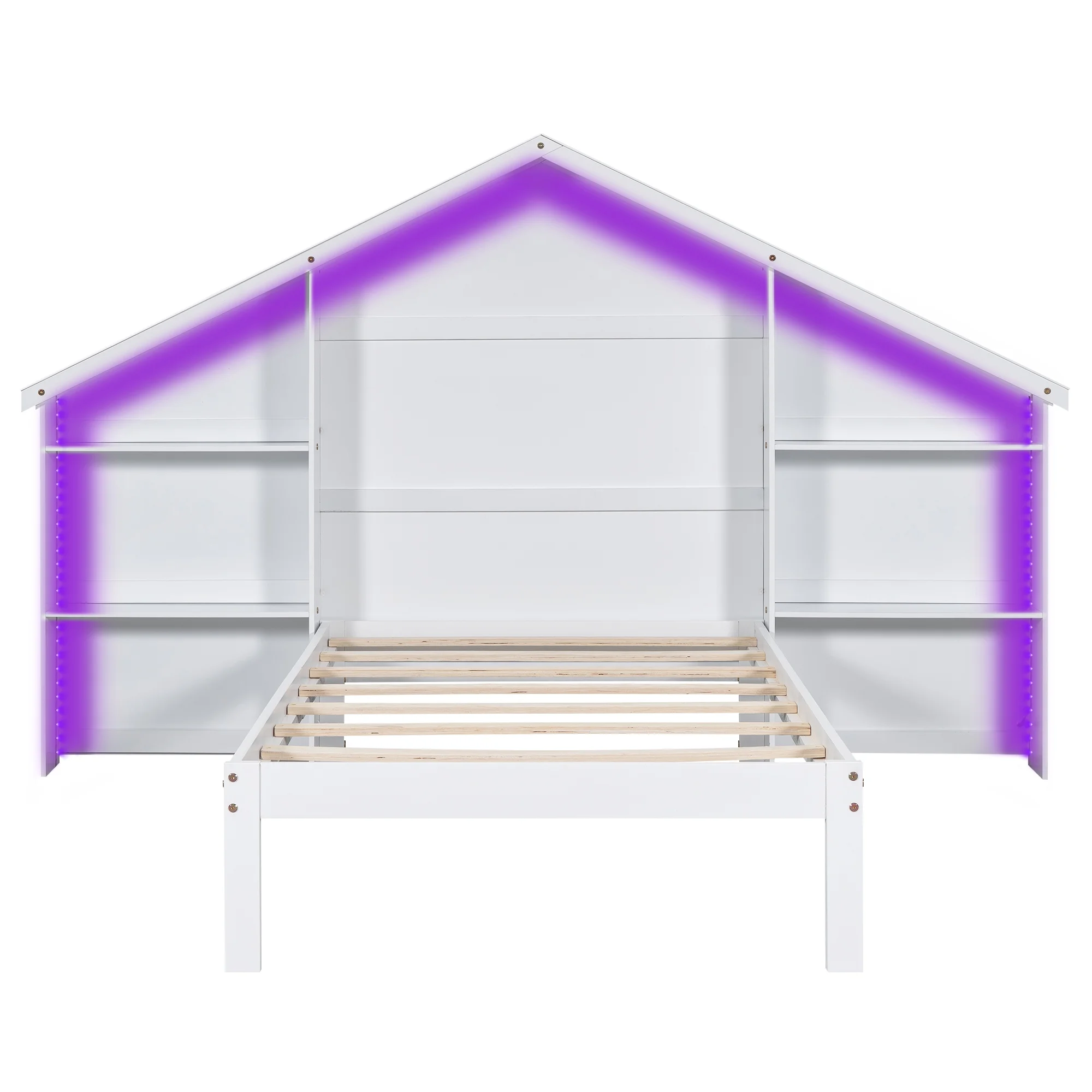Wood Twin Size Platform Bed with House-shaped Storage Headboard and Built-in LED, White