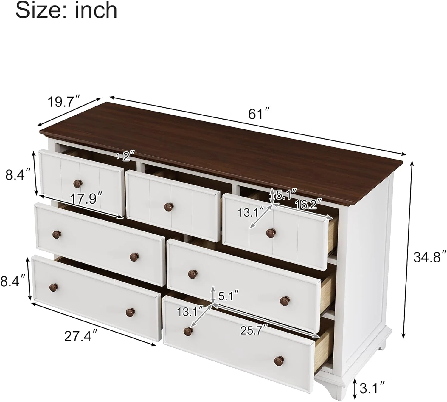 7 Drawer Dresser, Wooden Captain Dresser For Bedroom,Dresser Organizer Chest Of Drawers For Nursery,Baby,Kids Bedroom,Storage Drawer Cabinet For Home Office,White+Walnut