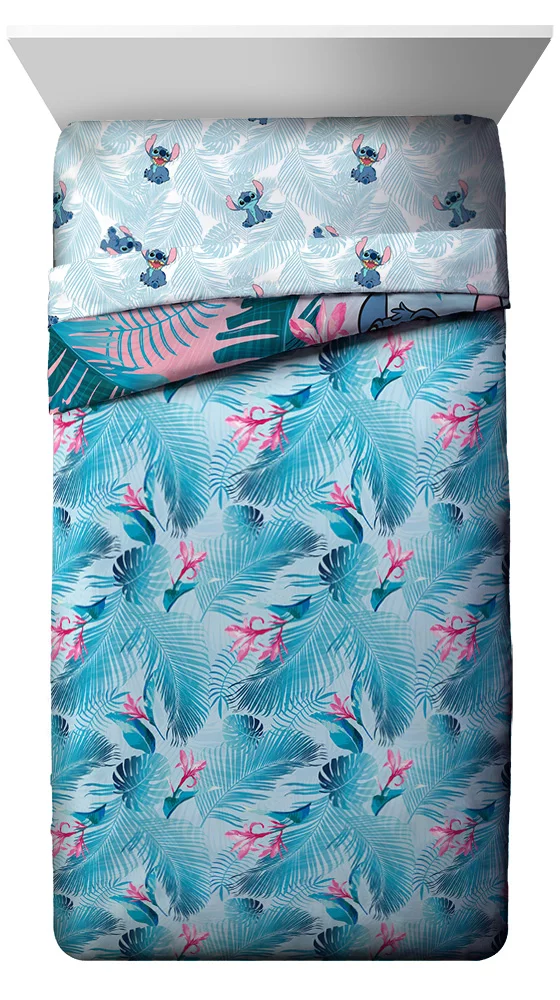Disney Lilo & Stitch Blue/Pink Tropical Flowers 5 Piece Twin Bed Set, 100% Microfiber