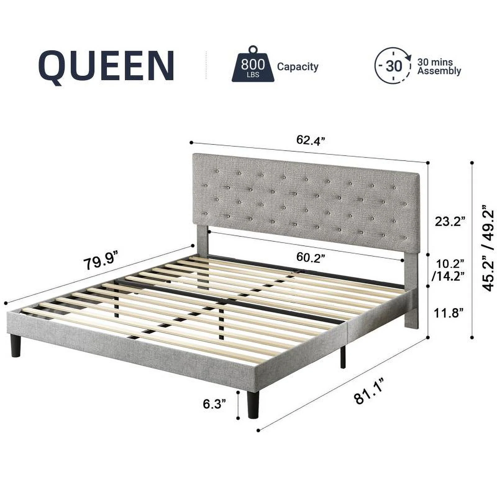 Tabaray Queen Size Upholstered Platform Bed Frame with Linen Button Tufted Adjustable Headboard, Mattress Foundation with Wooden Slat Support, Grey (Queen)