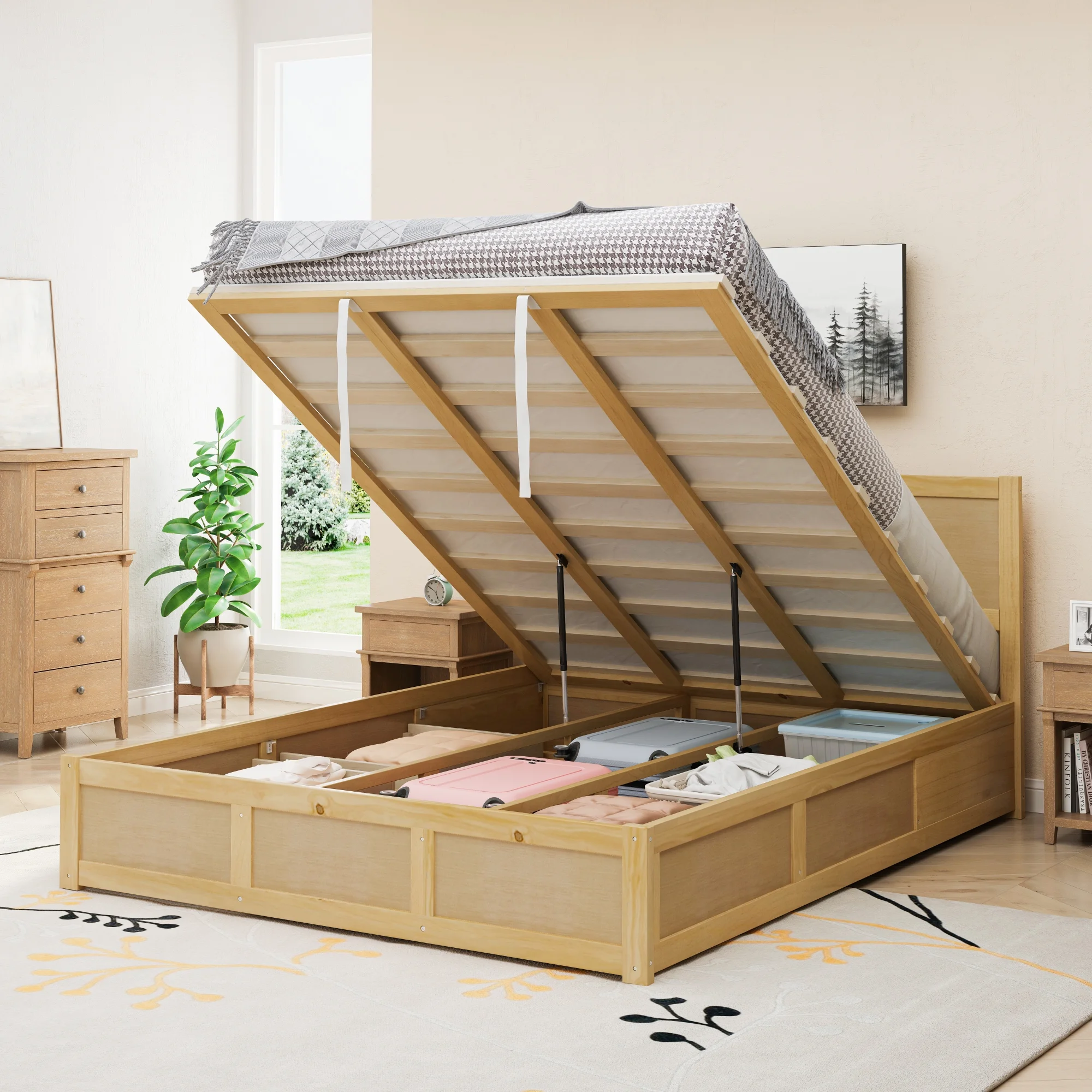 Queen-Size Wooden Platform Bed with Hydraulic Lift Storage and Dual Drawers, Sleek Headboard Design