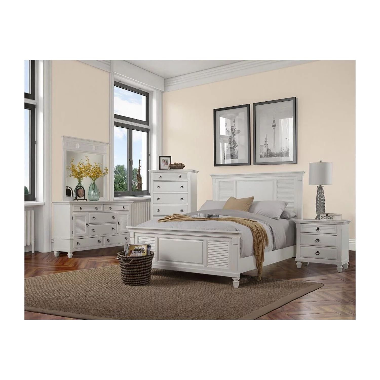 BenJara Pine Wood Dresser with 2 Cabinet & 6 Drawer in White