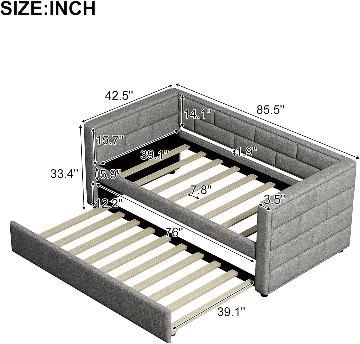 Size Upholstered Daybed With Size Trundle, Upholstered Daybed With Padded Back, Gray