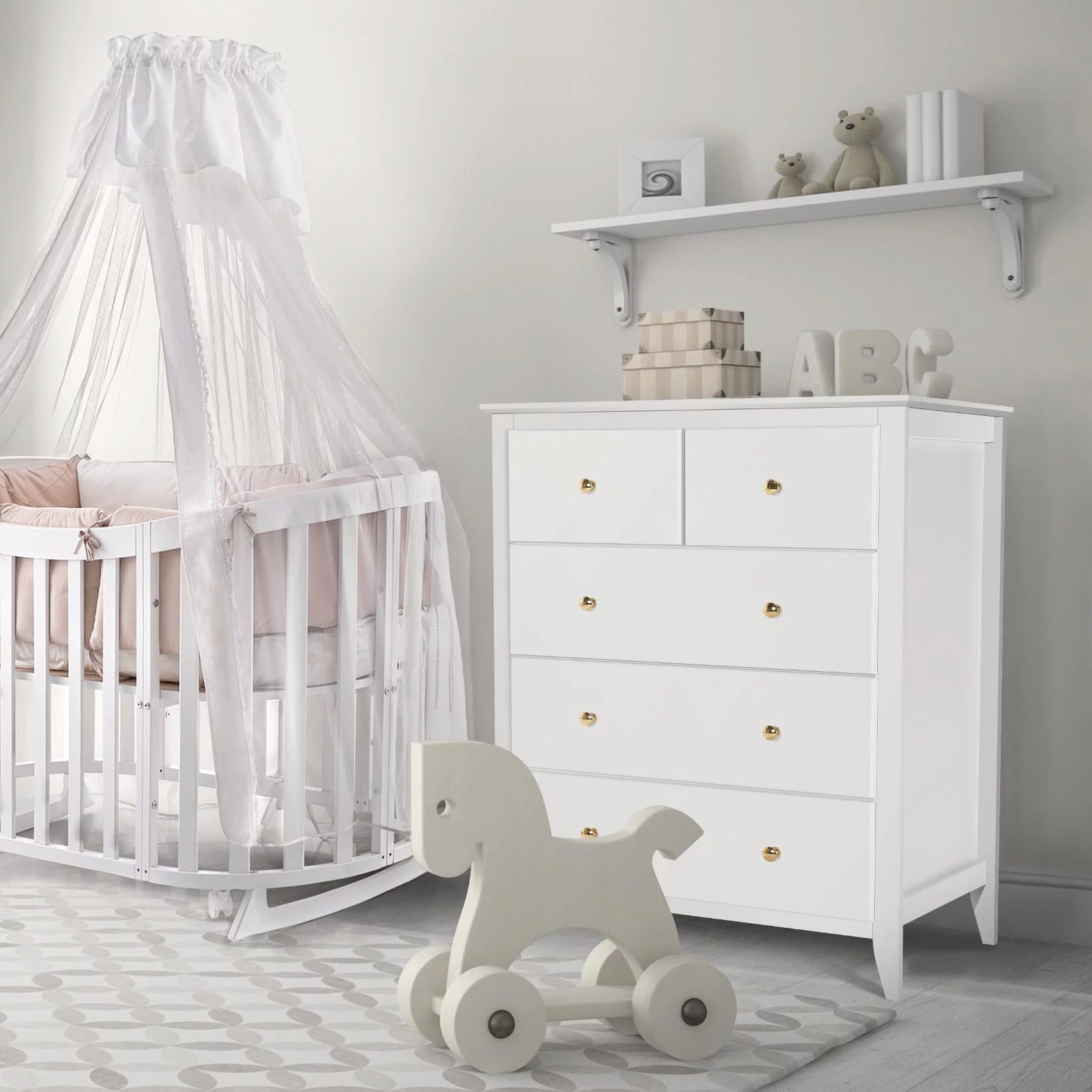 SEJOV White Double Dresser with 5 Drawer, Modern Chest of Drawers for Bedroom, Nursery, Kids, Wood Storage Organizer Cabinet for Clothing