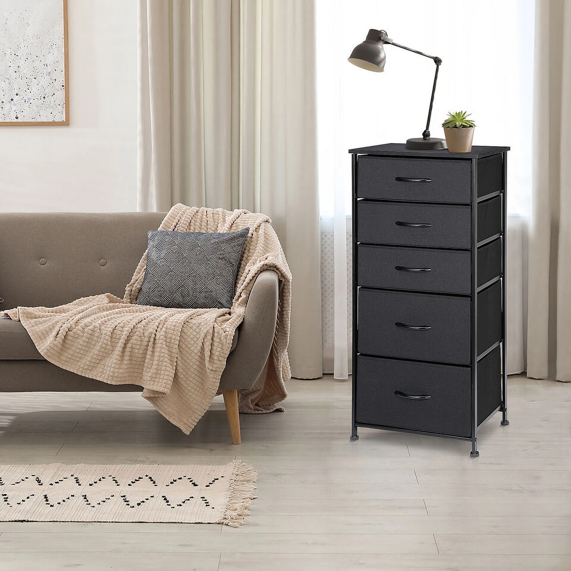 Fabric Dresser with 5 Storage Drawers Tall Chest of Drawers Bedroom Furniture