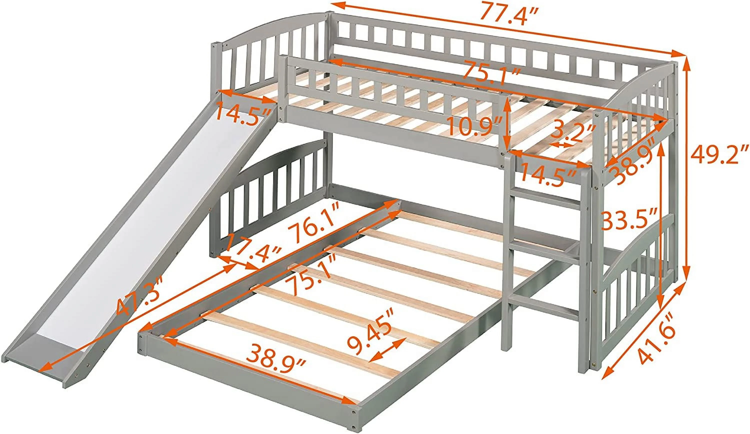 Over Toldder Bunk Bed With Slide And Ladder, Kids Low Bunk Bed Frame, Childrens Floor Double Bunk Beds With Slide, Grey