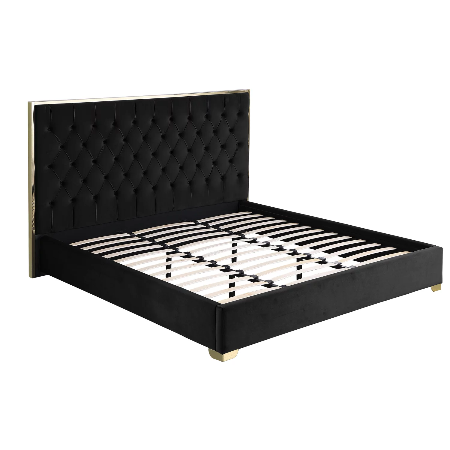 Kressa Velvet Fabric Tufted Queen Platform Bed in Black/Gold