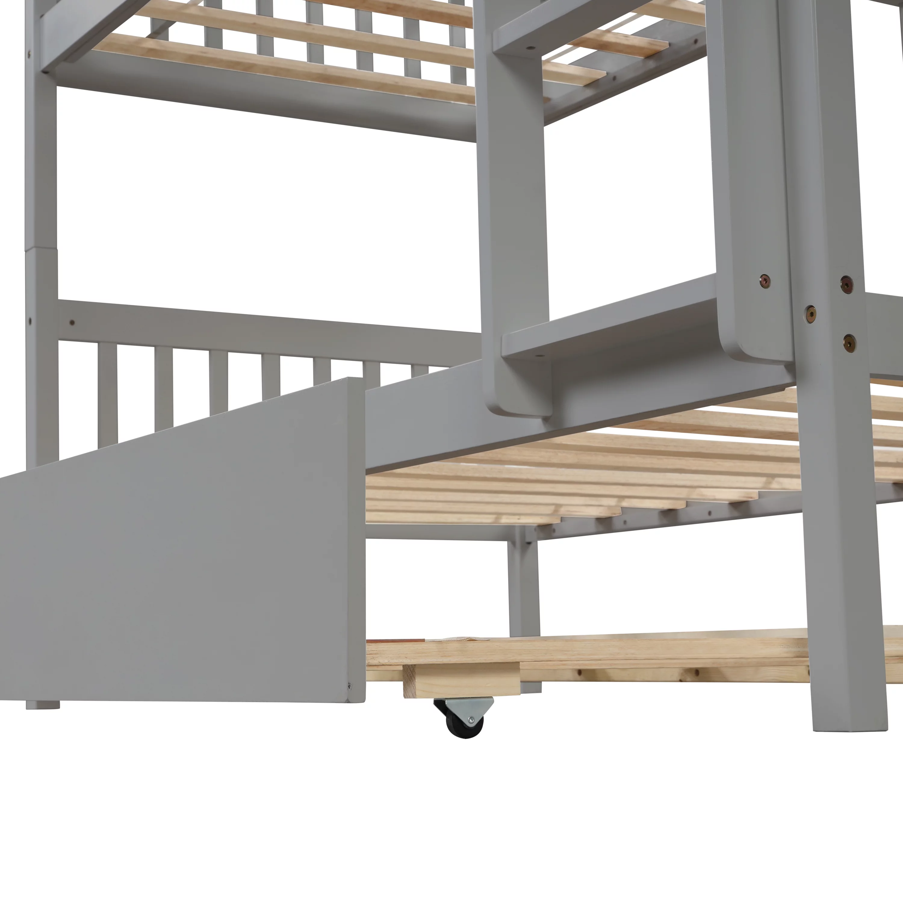 Bunk Beds Twin Over Twin Size with Safety Guardrail, Pine Wood Frame, Solid Wood Bunk Bed with Trundle for Kids and Toddler