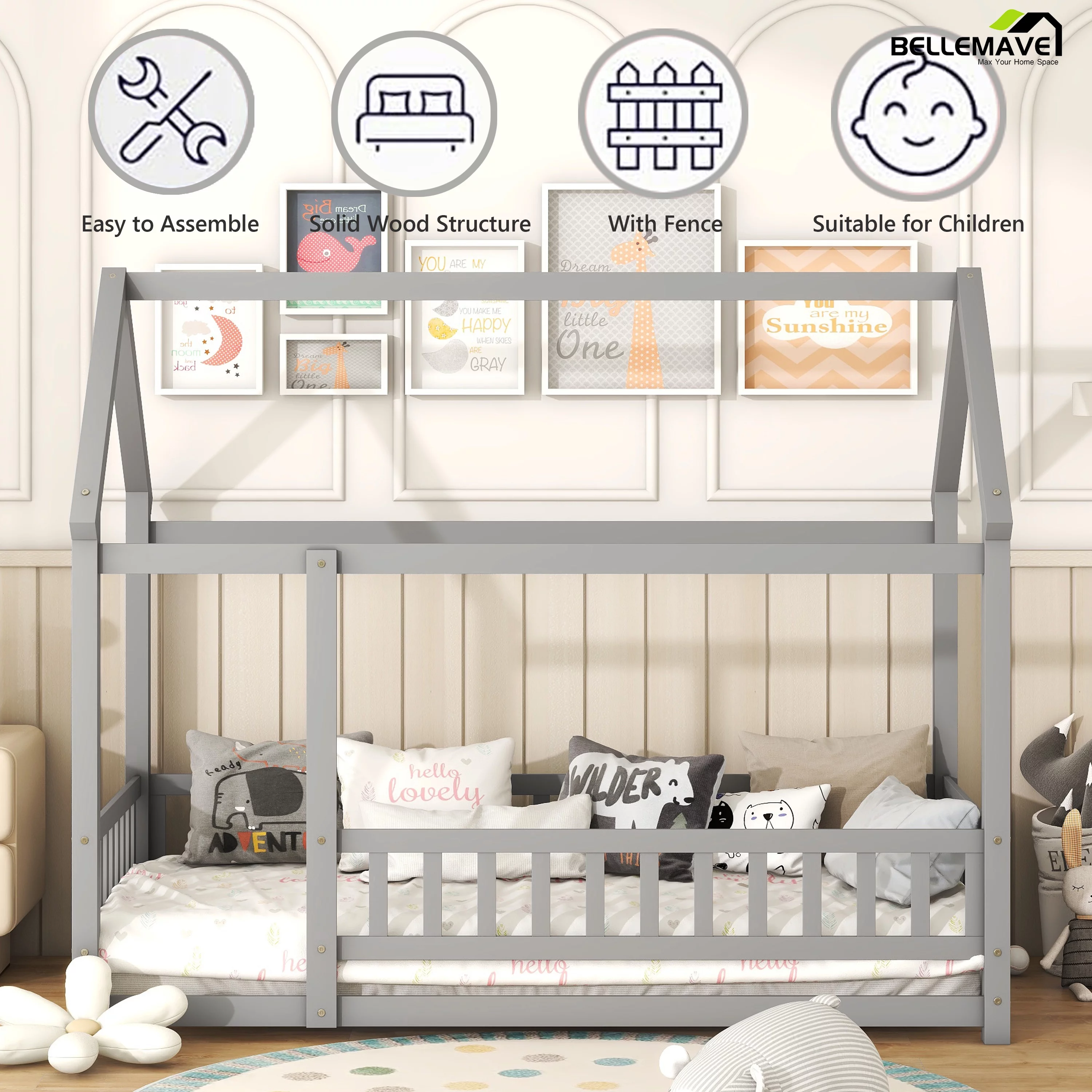 Bellemave Twin Floor Bed for Kids, Wood Twin Size House Bed Frame with Fence, Montessori Toddler Bed for Kids Girls Boys Teens (Gray)
